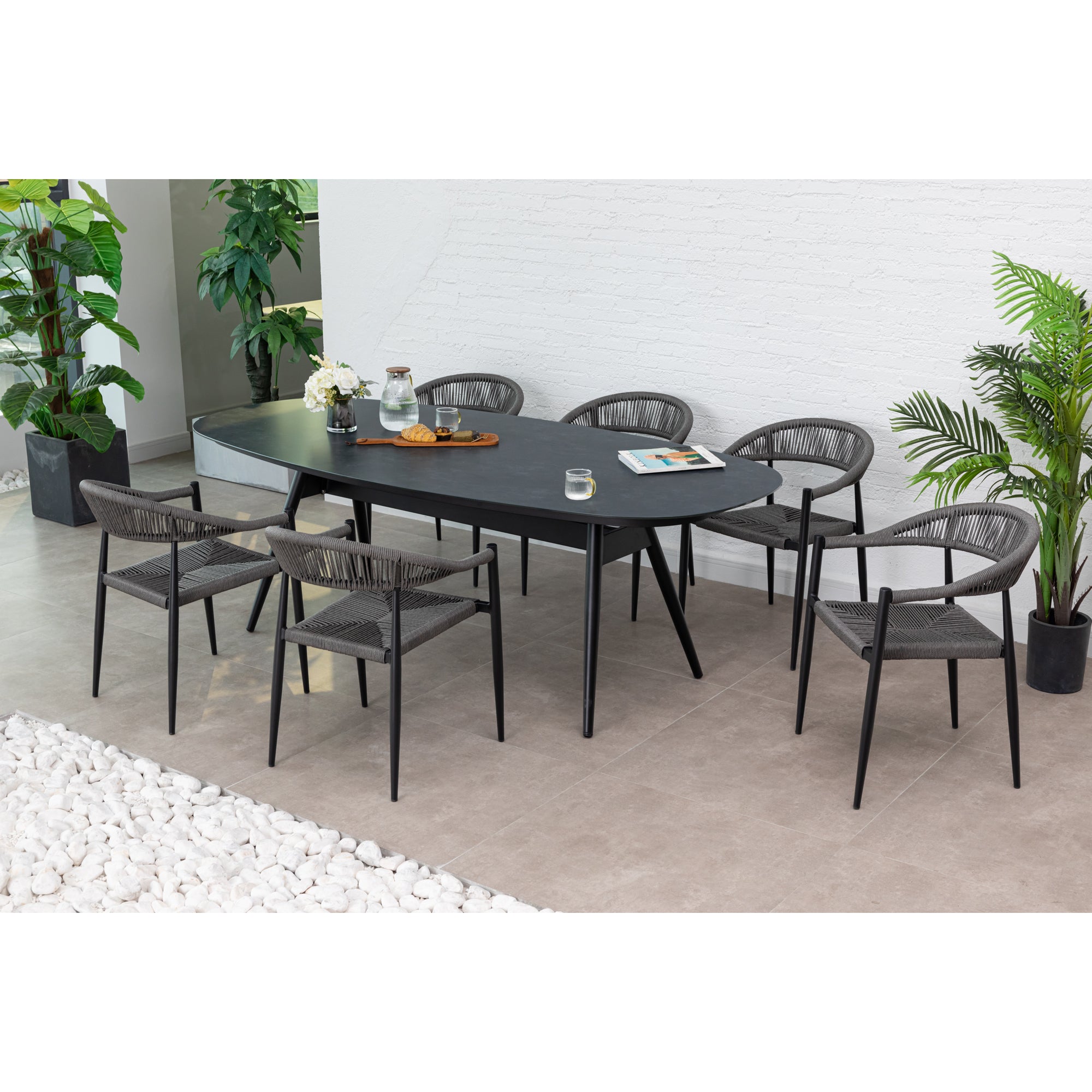 7 tlg. Alu / Polyrope Cord Dining Set Luis in grau inkl. Dining Tisch Puro