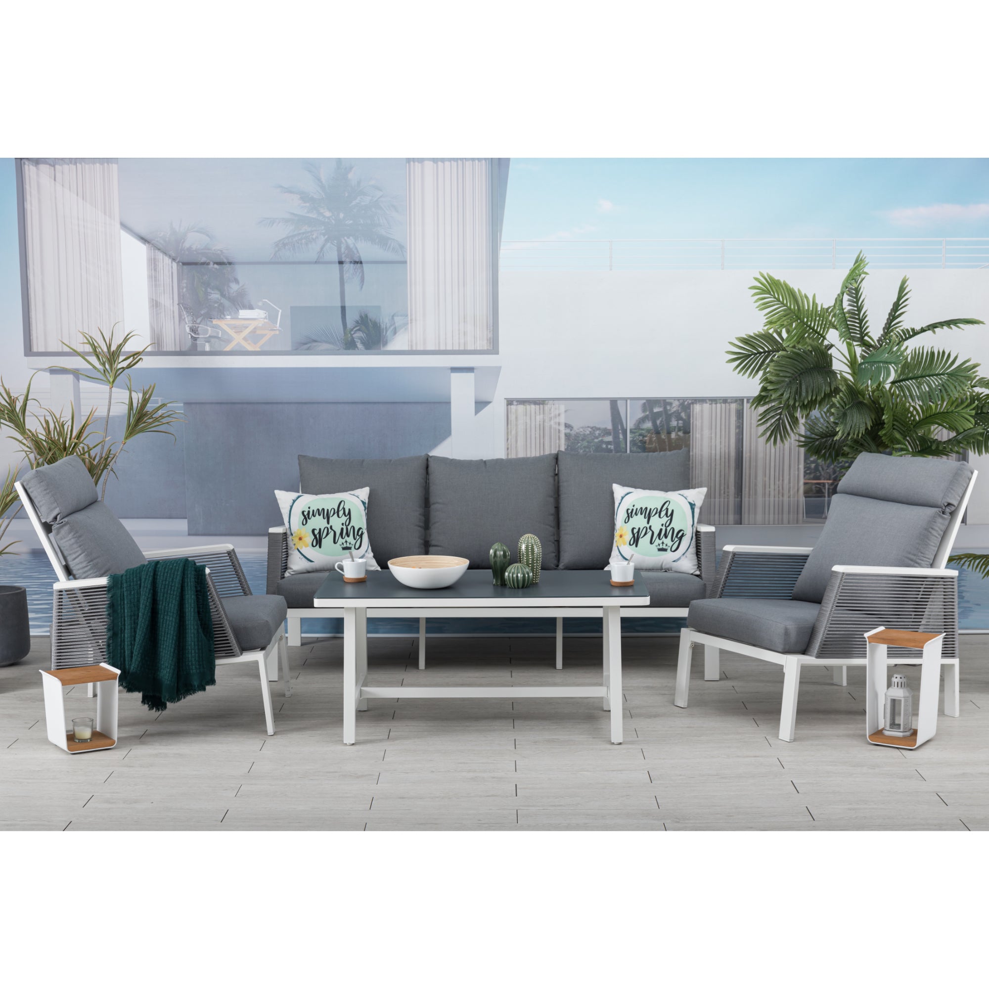 Eleganz in Weiß & Grau... Lounge Set Matera Alu / Rope, extra hoher Rücken zum bequemen verweilen