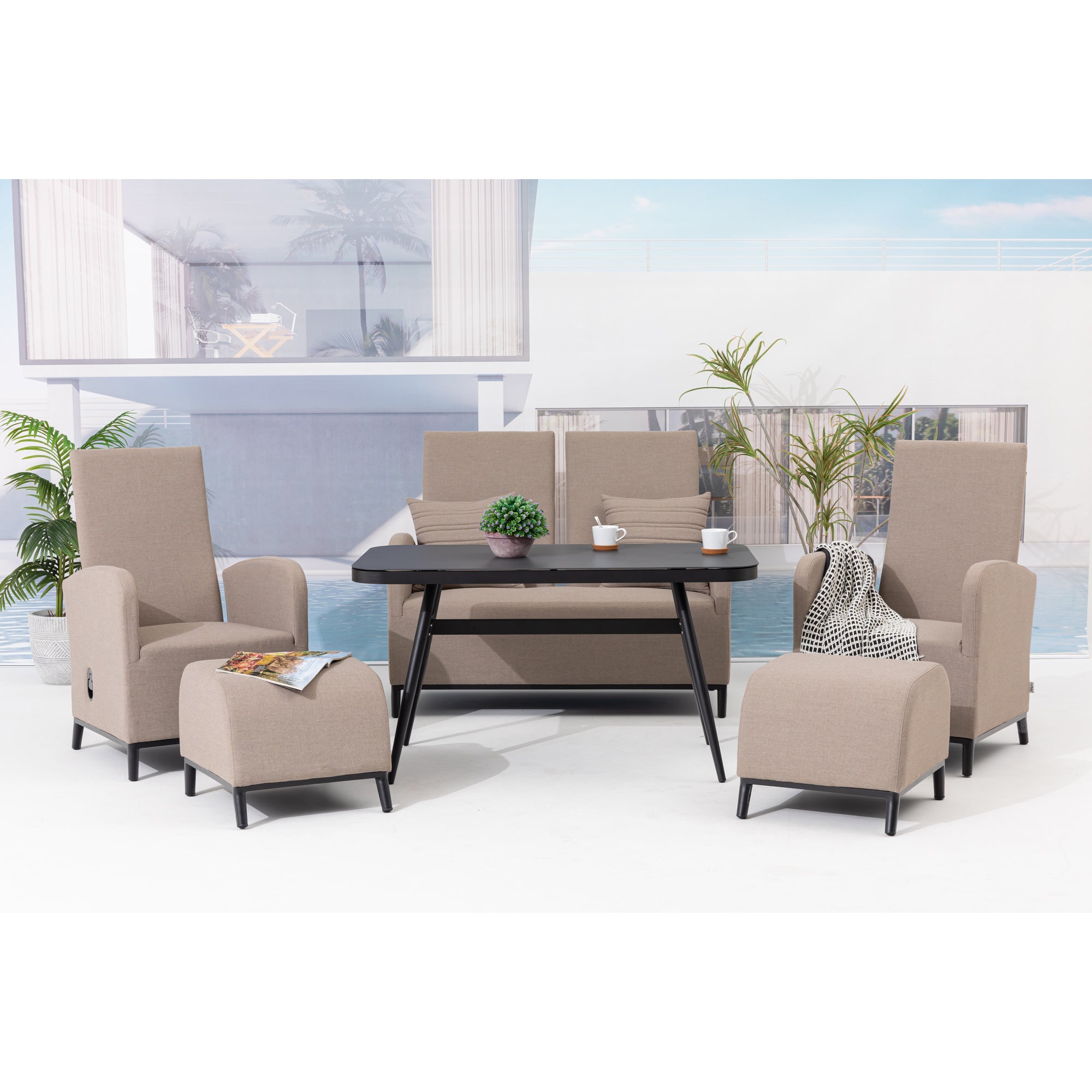 ☀️ AUS DER AUSSTELLUNG ☀️ Outdoor Dining Lounge Set Oasis 100% wetterfest LIKA-TEX® Bezug sand (natur) / Rücken verstellbar