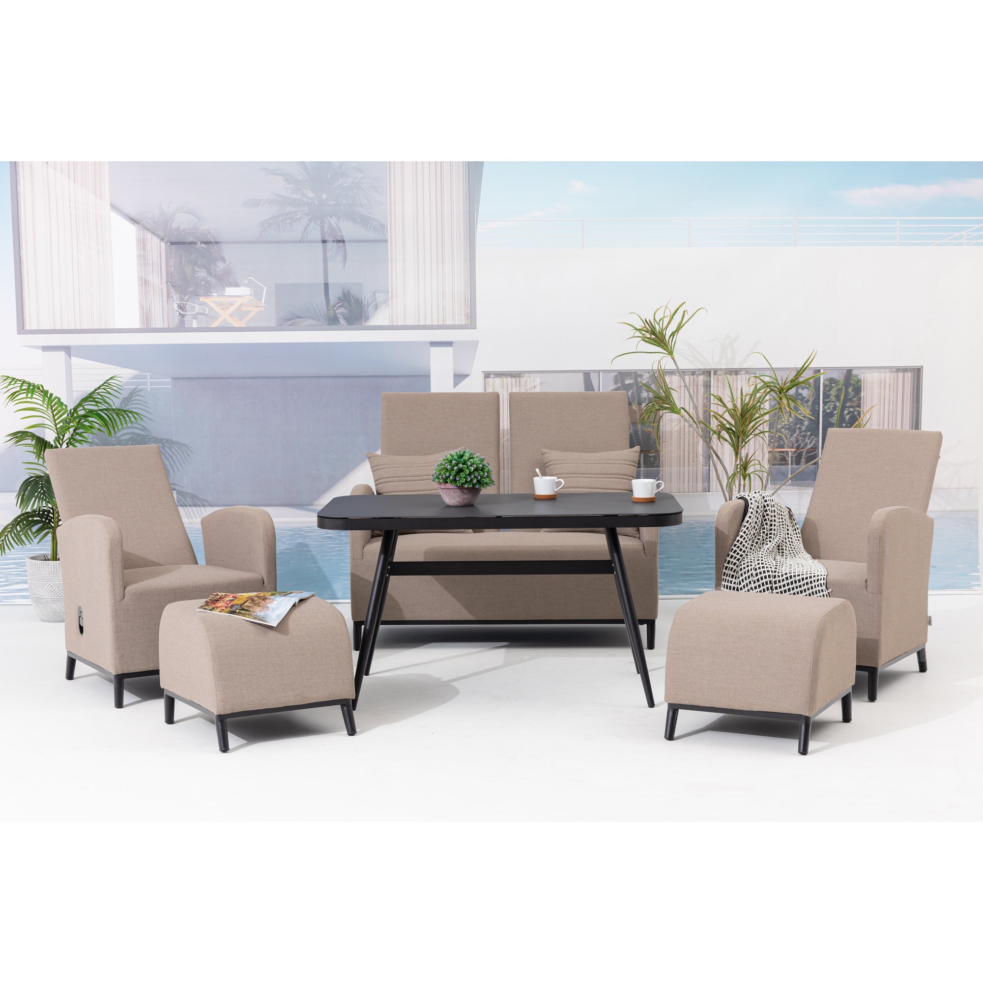 ☀️ AUS DER AUSSTELLUNG ☀️ Outdoor Dining Lounge Set Oasis 100% wetterfest LIKA-TEX® Bezug sand (natur) / Rücken verstellbar