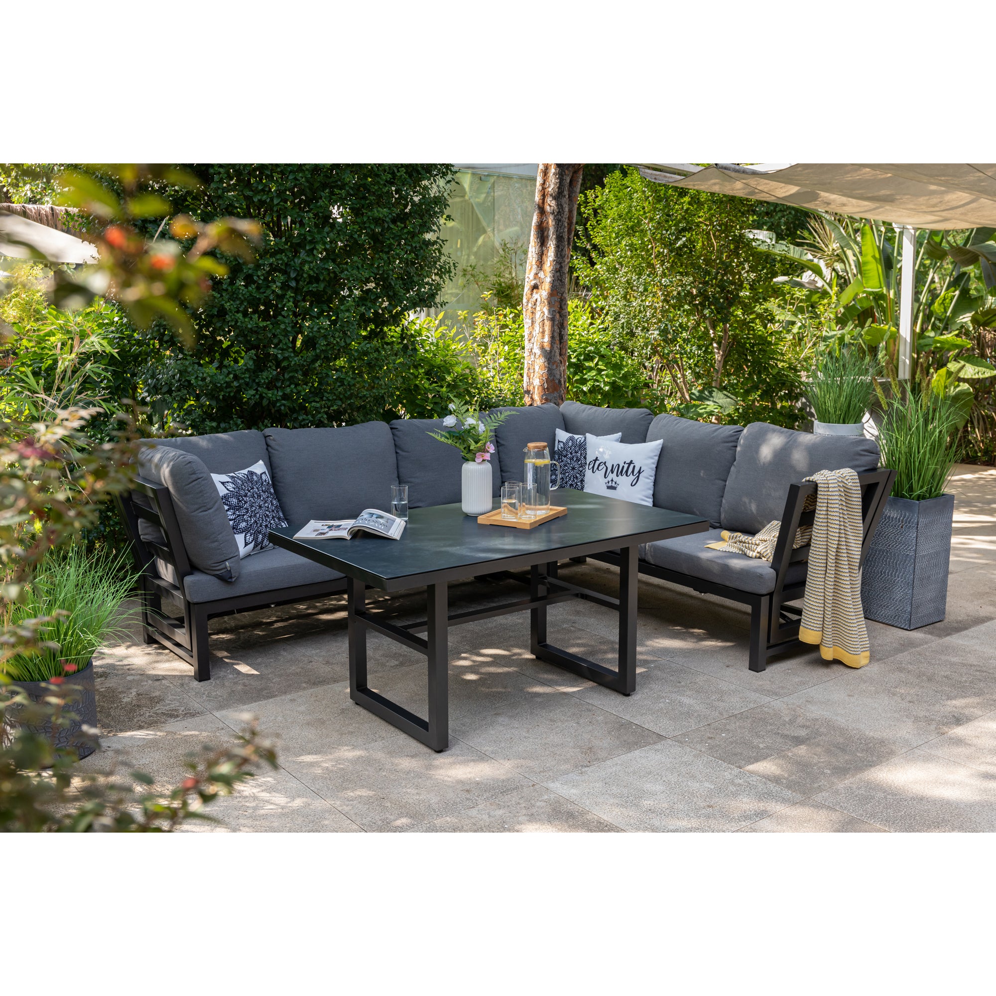 Alu Dining Lounge Set Kaprun 3in1 Funktion mit 100% wetterfestem LIKA-TEX® Bezug in grau