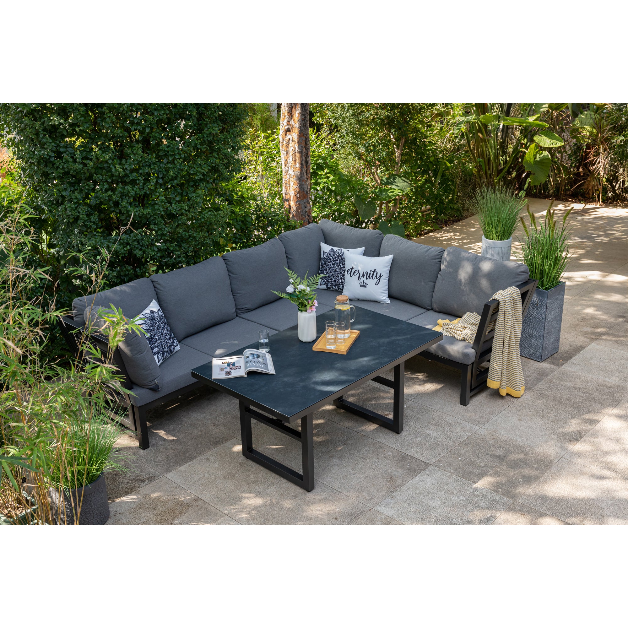 Alu Dining Lounge Set Kaprun 3in1 Funktion mit 100% wetterfestem LIKA-TEX® Bezug in grau