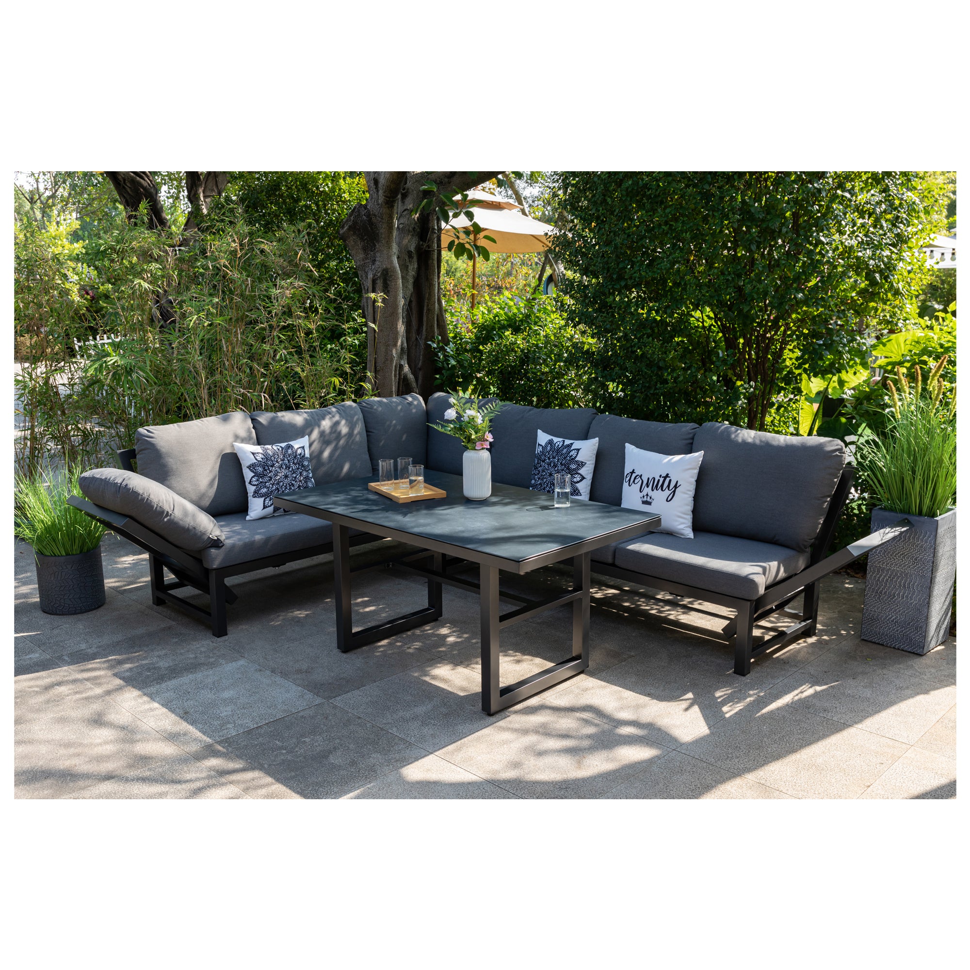 Alu Dining Lounge Set Kaprun 3in1 Funktion mit 100% wetterfestem LIKA-TEX® Bezug in grau