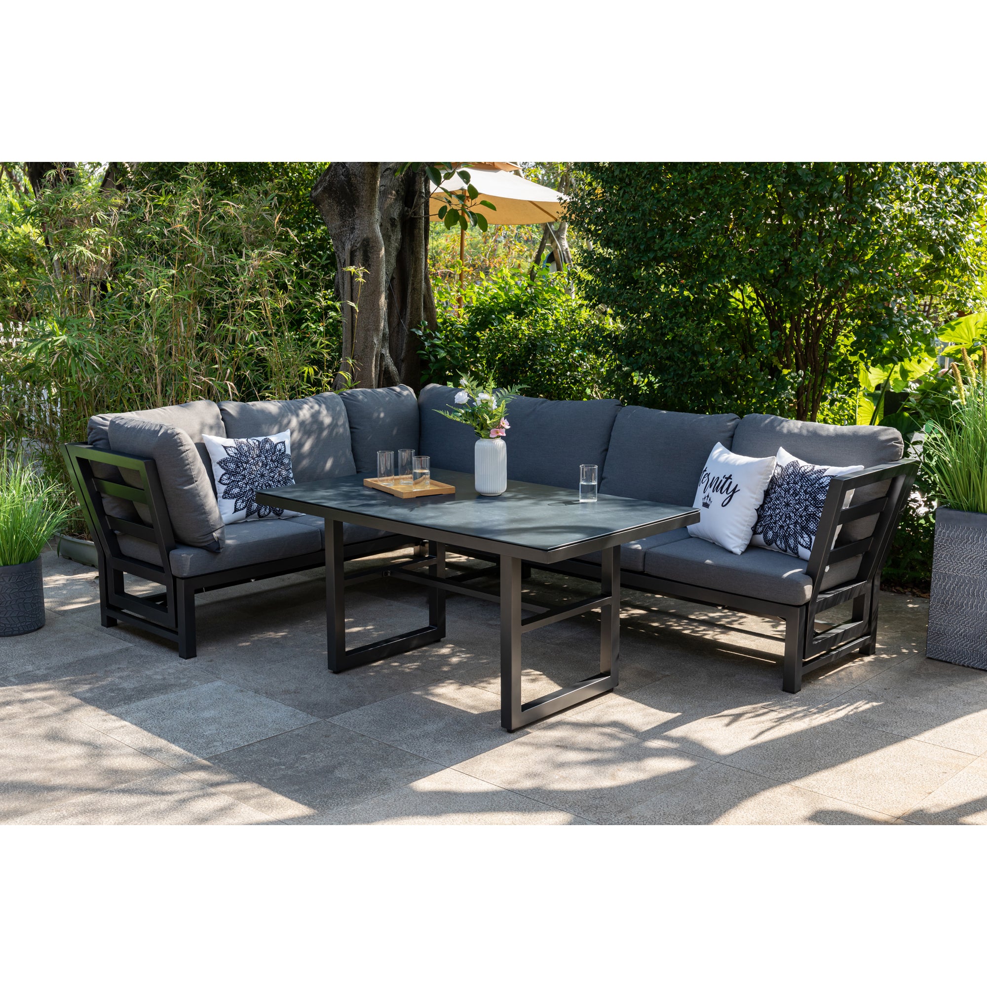 Alu Dining Lounge Set Kaprun 3in1 Funktion mit 100% wetterfestem LIKA-TEX® Bezug in grau