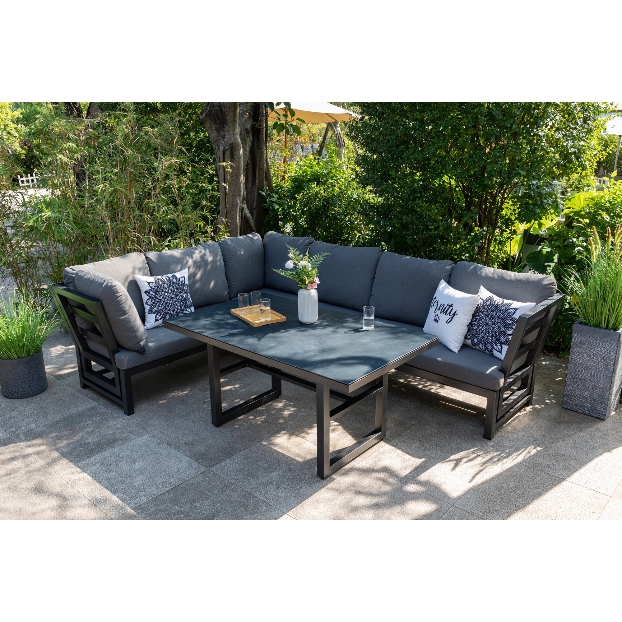 Alu Dining Lounge Set Kaprun 3in1 Funktion mit 100% wetterfestem LIKA-TEX® Bezug in grau