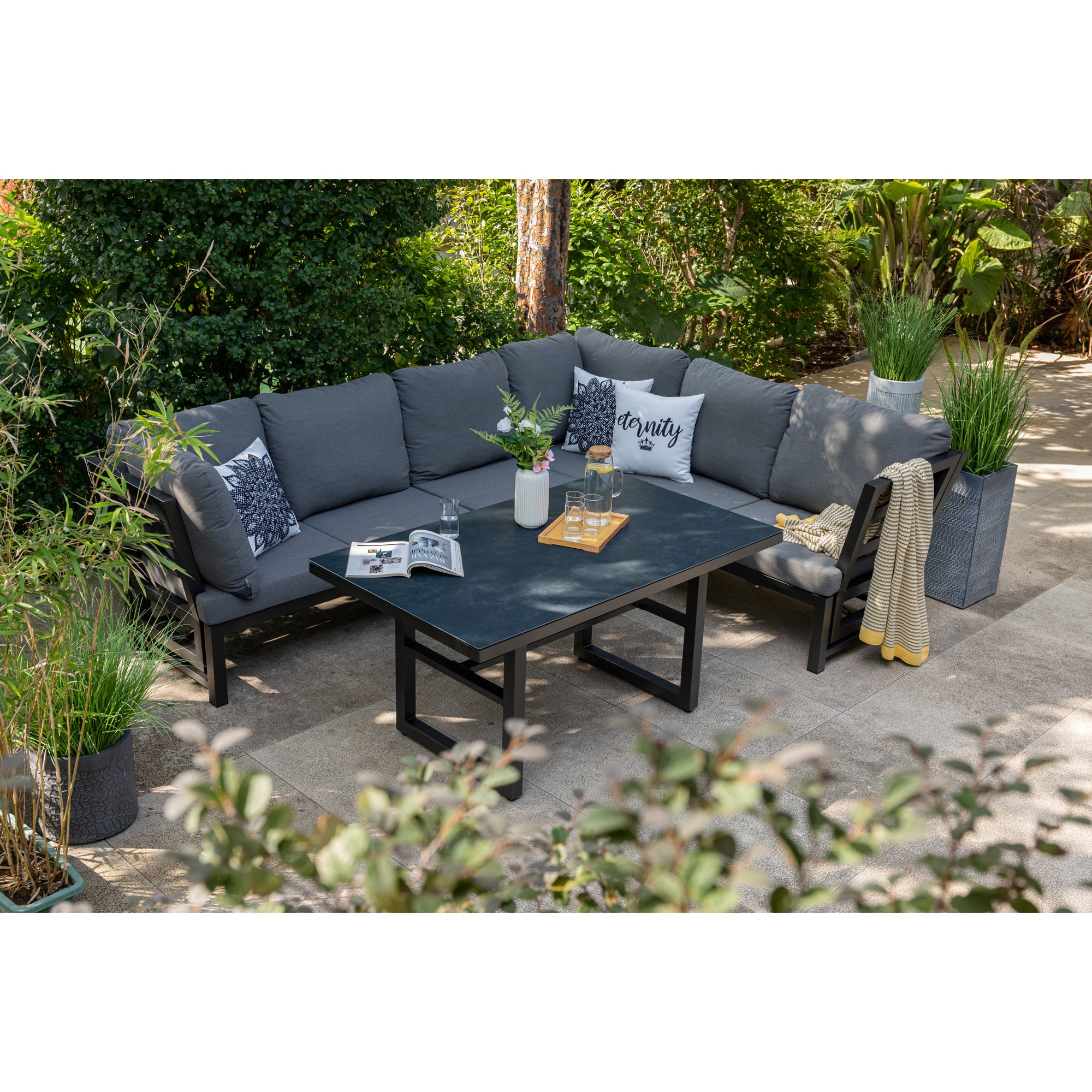 Alu Dining Lounge Set Kaprun 3in1 Funktion mit 100% wetterfestem LIKA-TEX® Bezug in grau