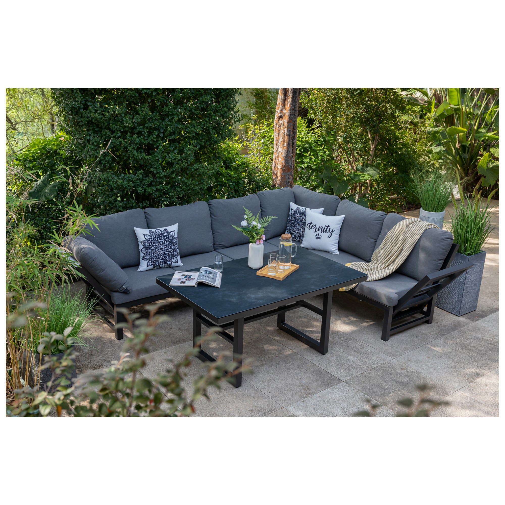 Alu Dining Lounge Set Kaprun 3in1 Funktion mit 100% wetterfestem LIKA-TEX® Bezug in grau