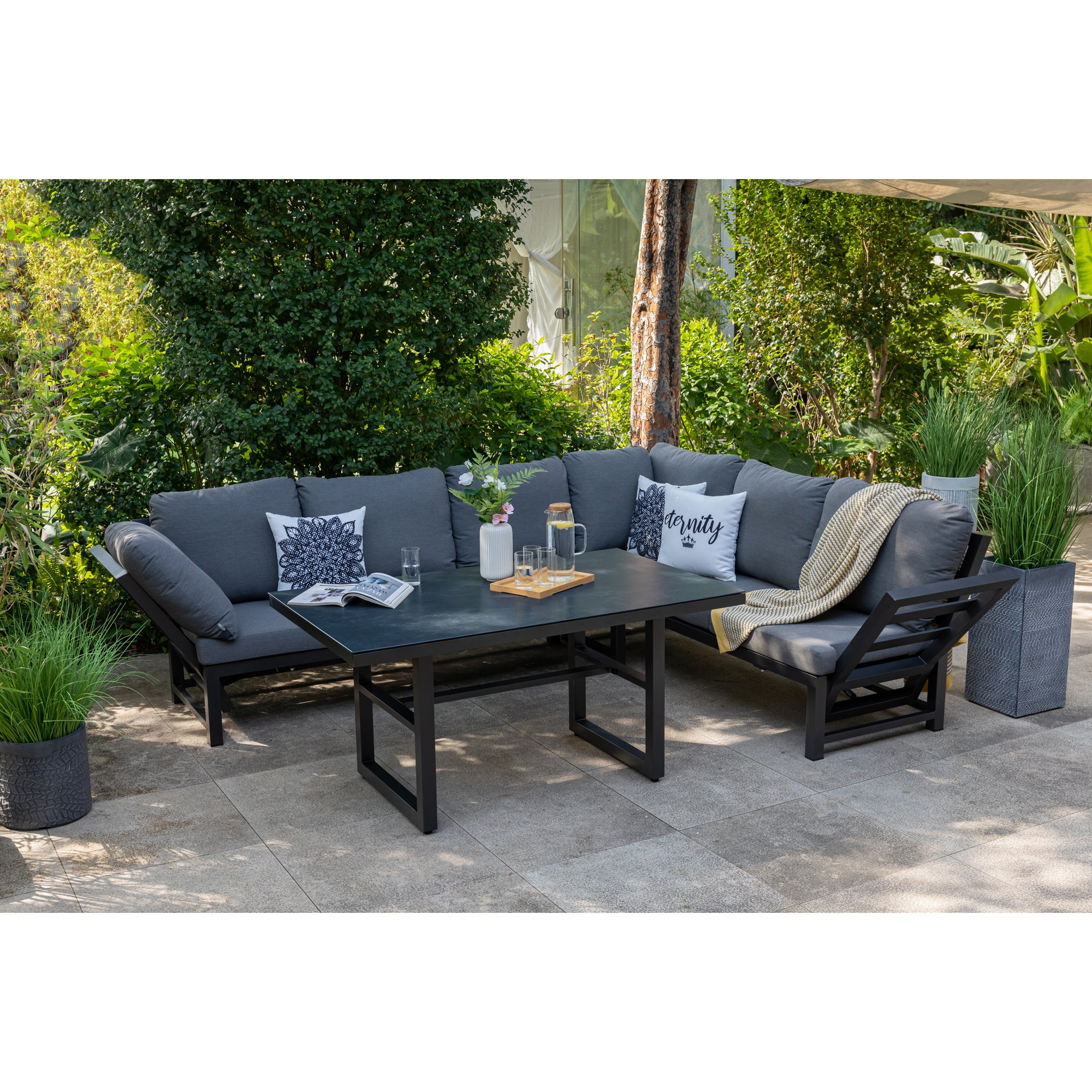 Alu Dining Lounge Set Kaprun 3in1 Funktion mit 100% wetterfestem LIKA-TEX® Bezug in grau
