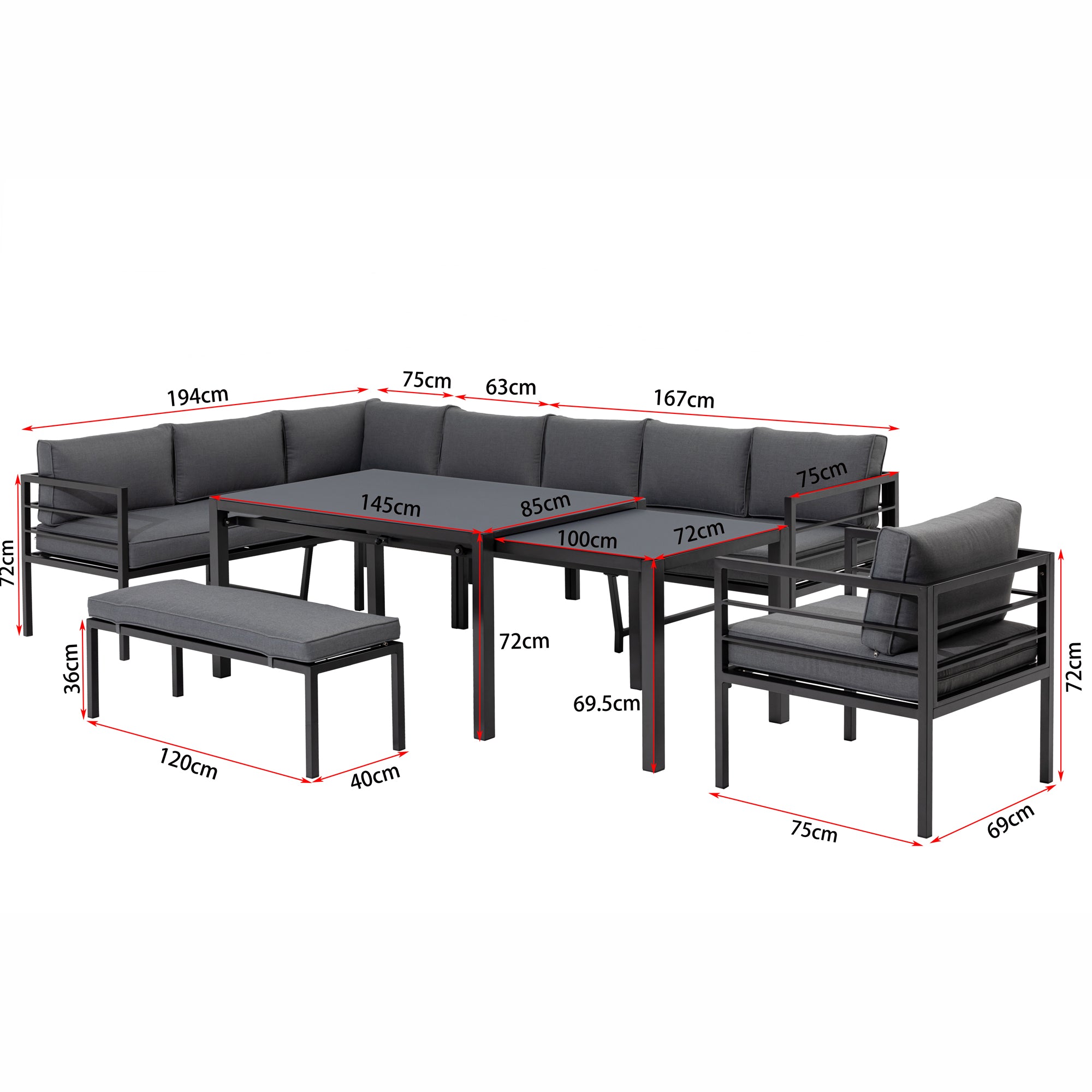 XXL Aluminium Dining Lounge Set Portland mit Ausziehtisch - variabel stellbar / bis zu 10x Personen