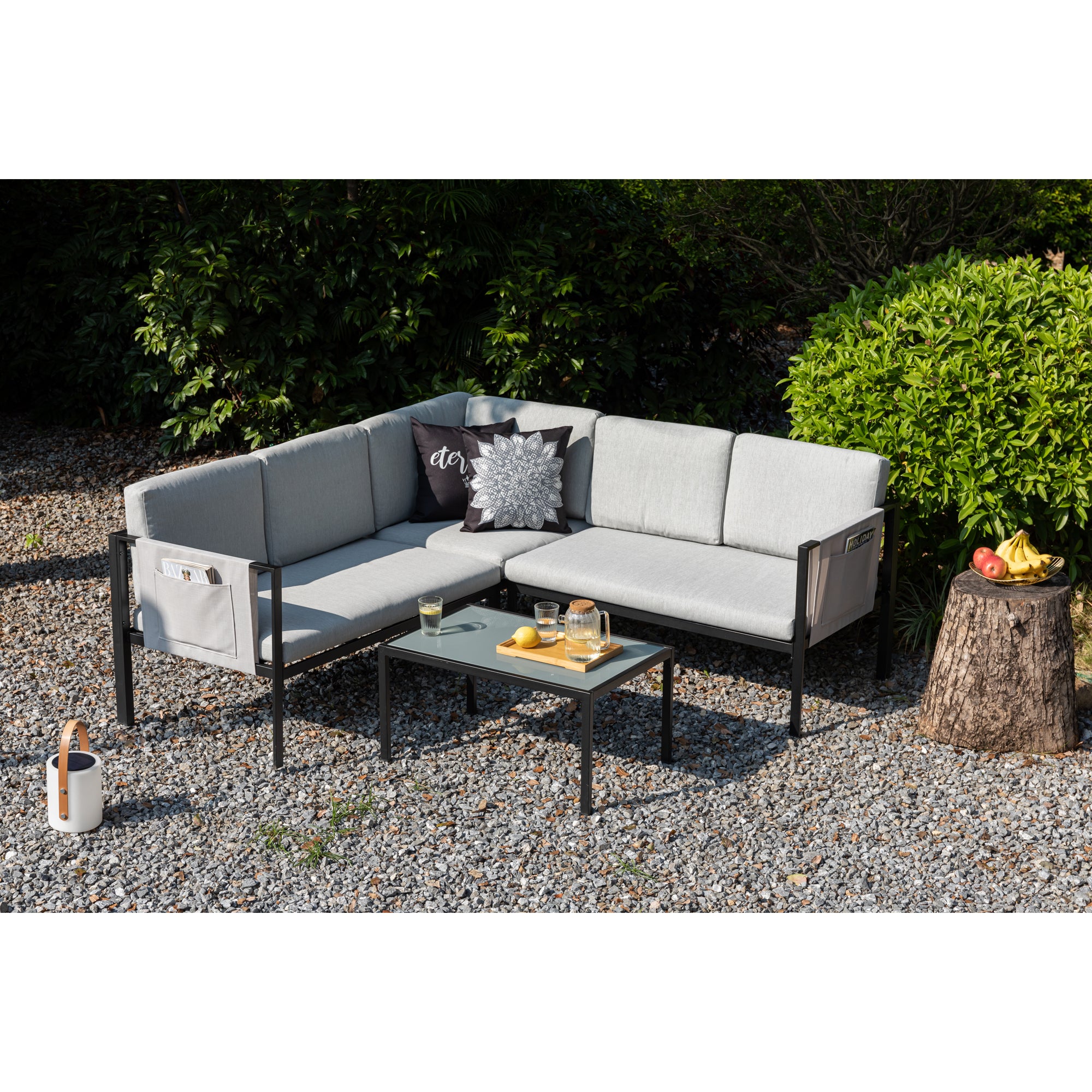 Gartenmöbel Set Kos, eine Ecklounge inkl. Seitentaschen für extra Stauraum