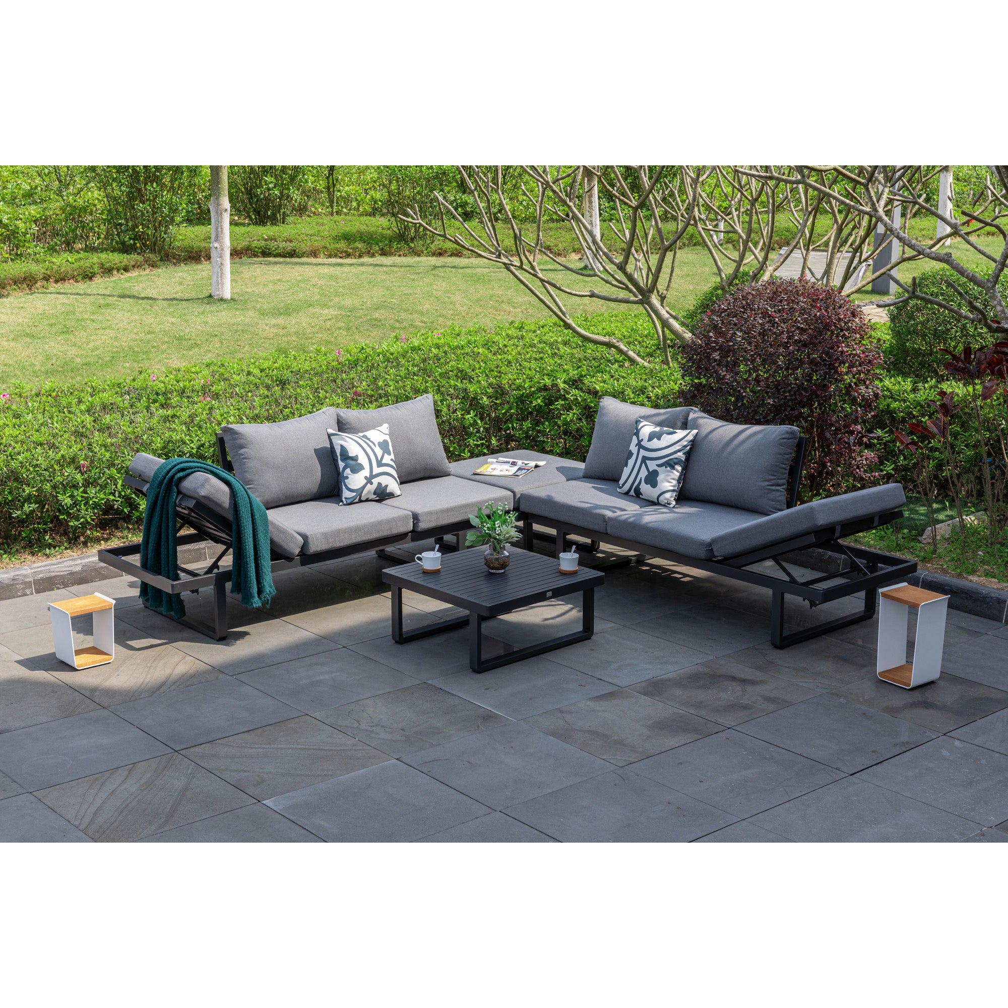 4 tlg. Luxus Alu Multifunktions- Lounge Set Tesoro inkl. Sonnenliege und Hocker