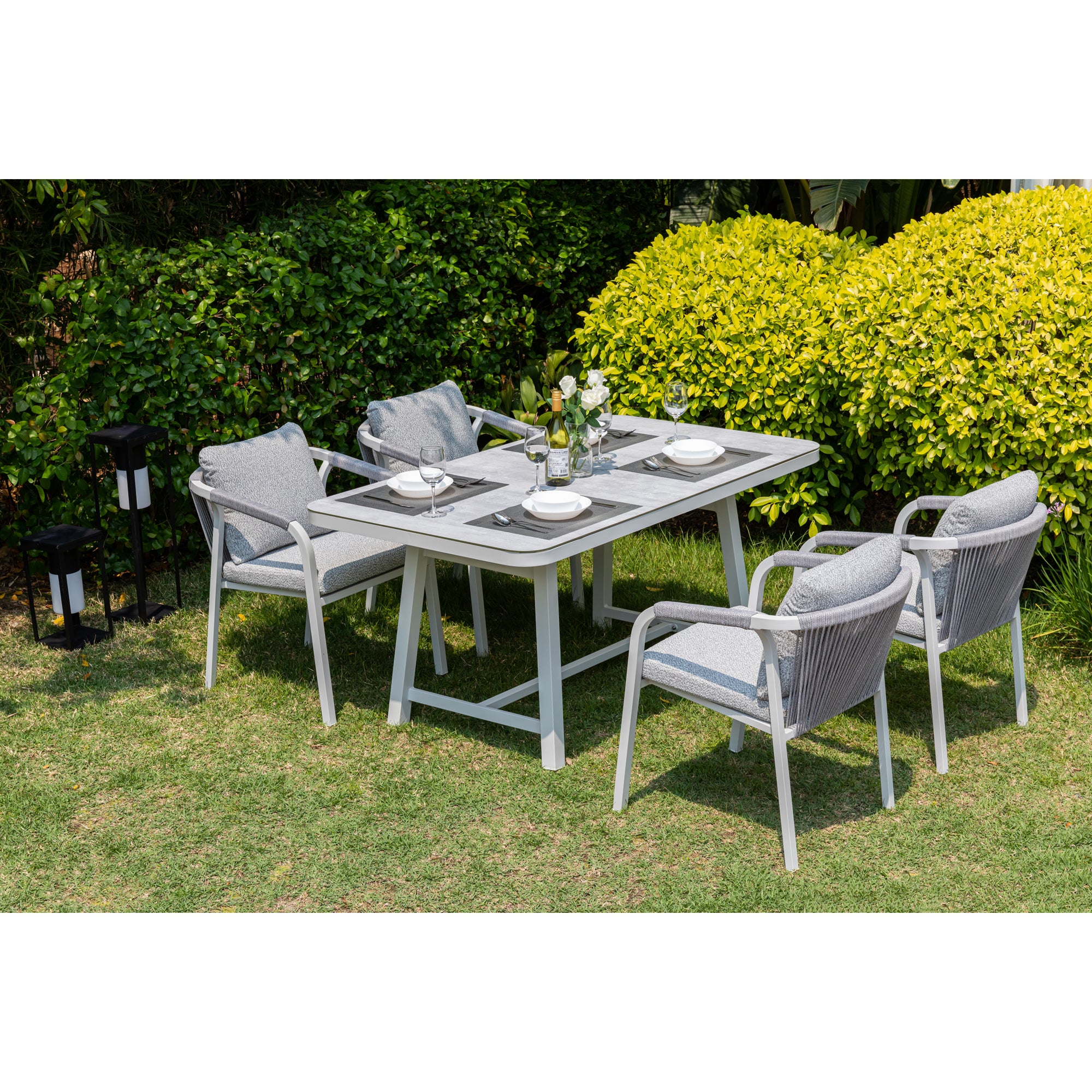 LUXUS PUR! Design meets Garden! 5 tlg. Aluminium Dining Set Harvey Off White