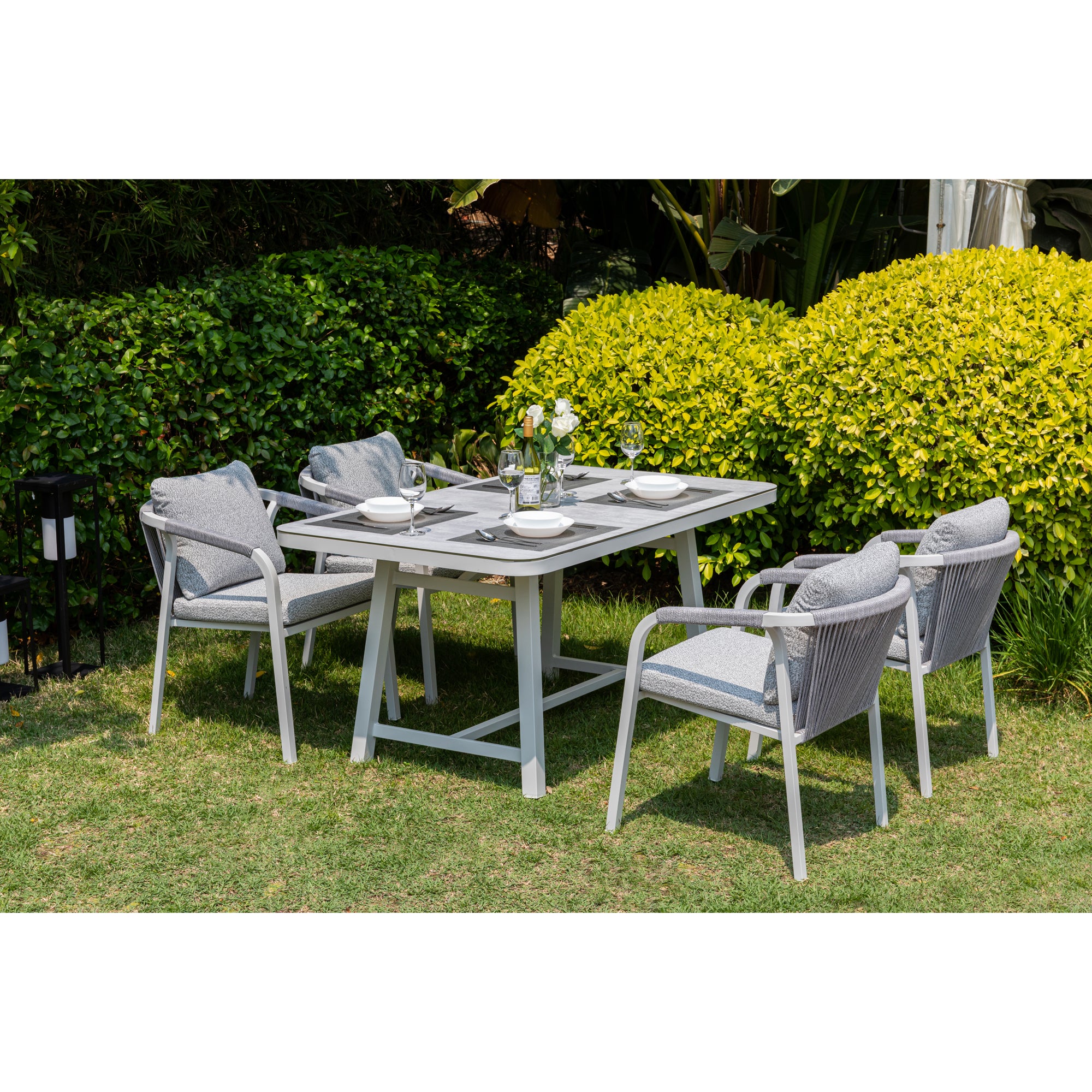 LUXUS PUR! Design meets Garden! 5 tlg. Aluminium Dining Set Harvey Off White