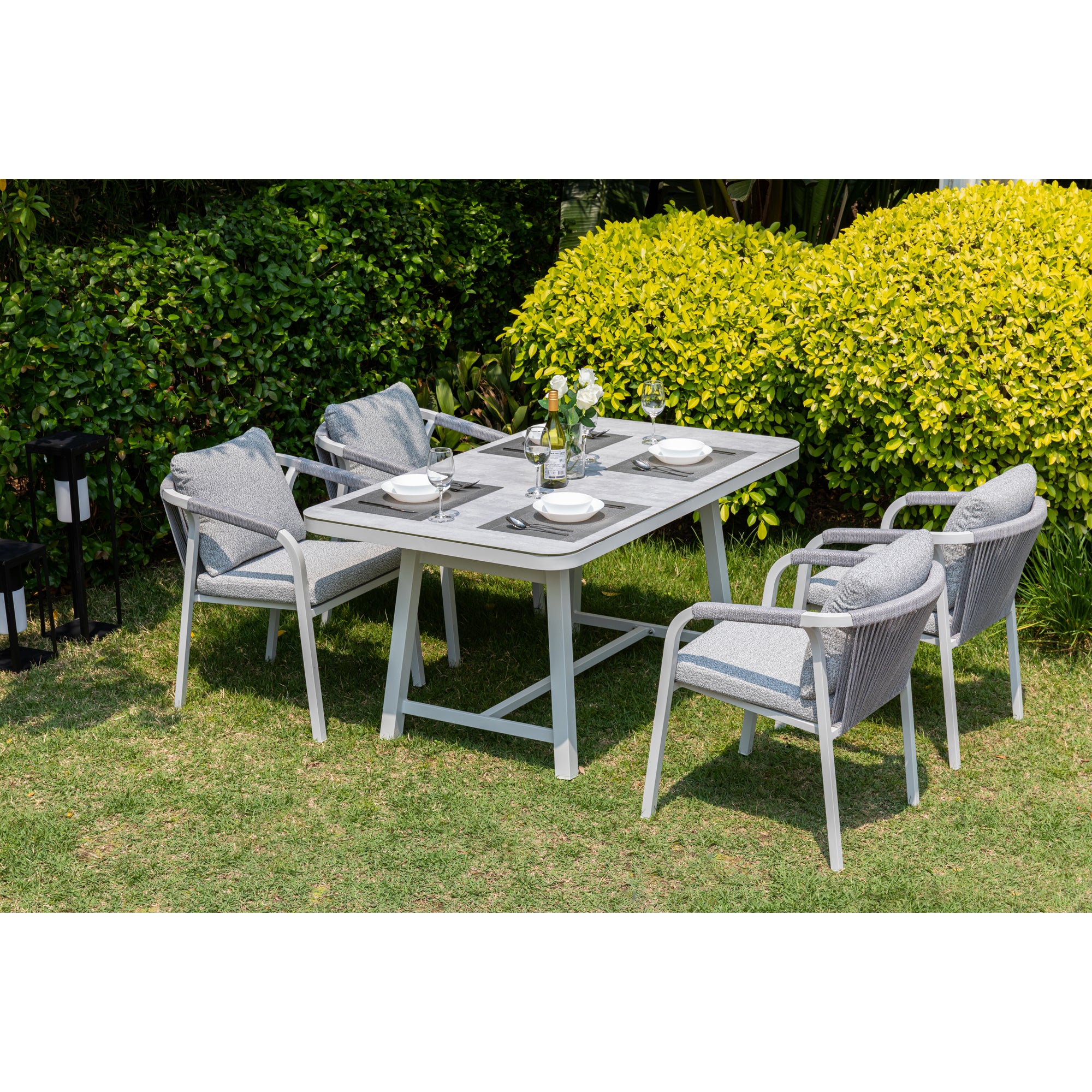 LUXUS PUR! Design meets Garden! 5 tlg. Aluminium Dining Set Harvey Off White