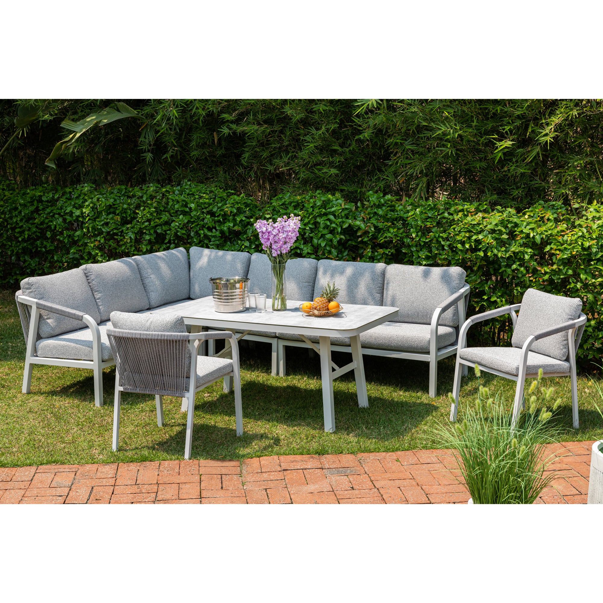 High Quality Living zum Angebotspreis ☀️ Aluminium Dining Lounge Set Harvey inkl. 2 Sessel Off White