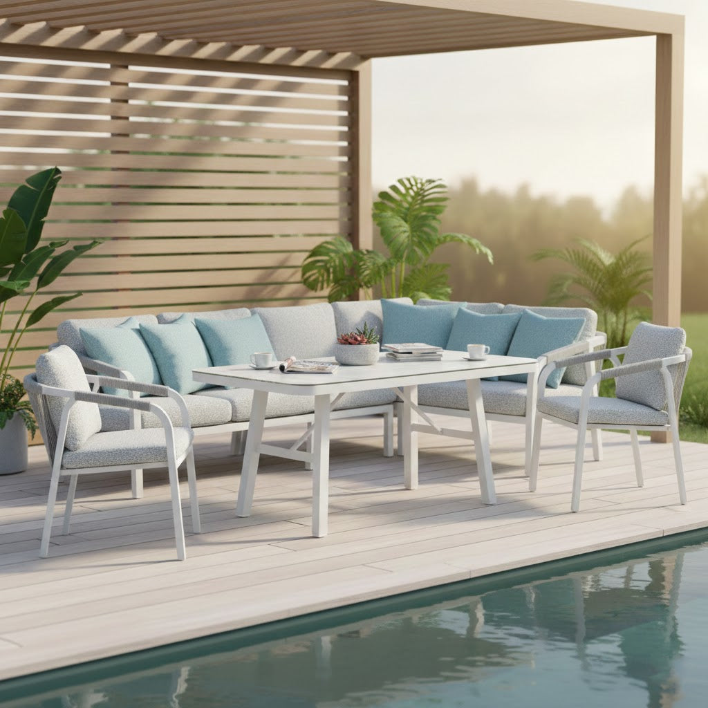 High Quality Living zum Angebotspreis ☀️ Aluminium Dining Lounge Set Harvey inkl. 2 Sessel Off White