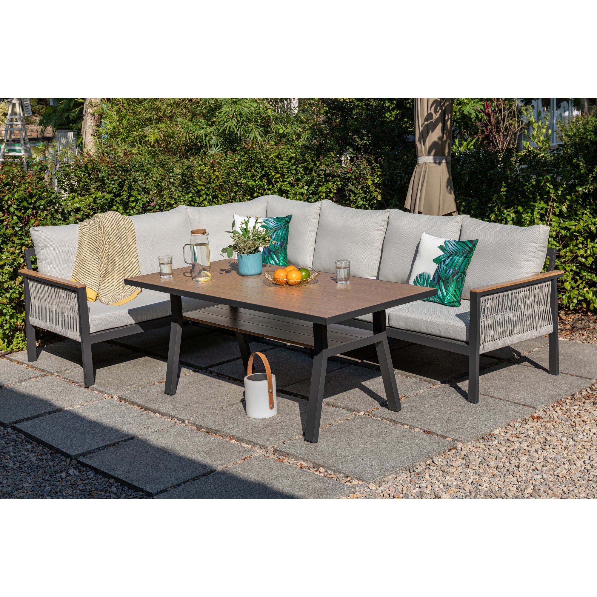 Luxus Pur: Dining Lounge Set Canora / Aluminium, Rope & Elemente in Holzoptik