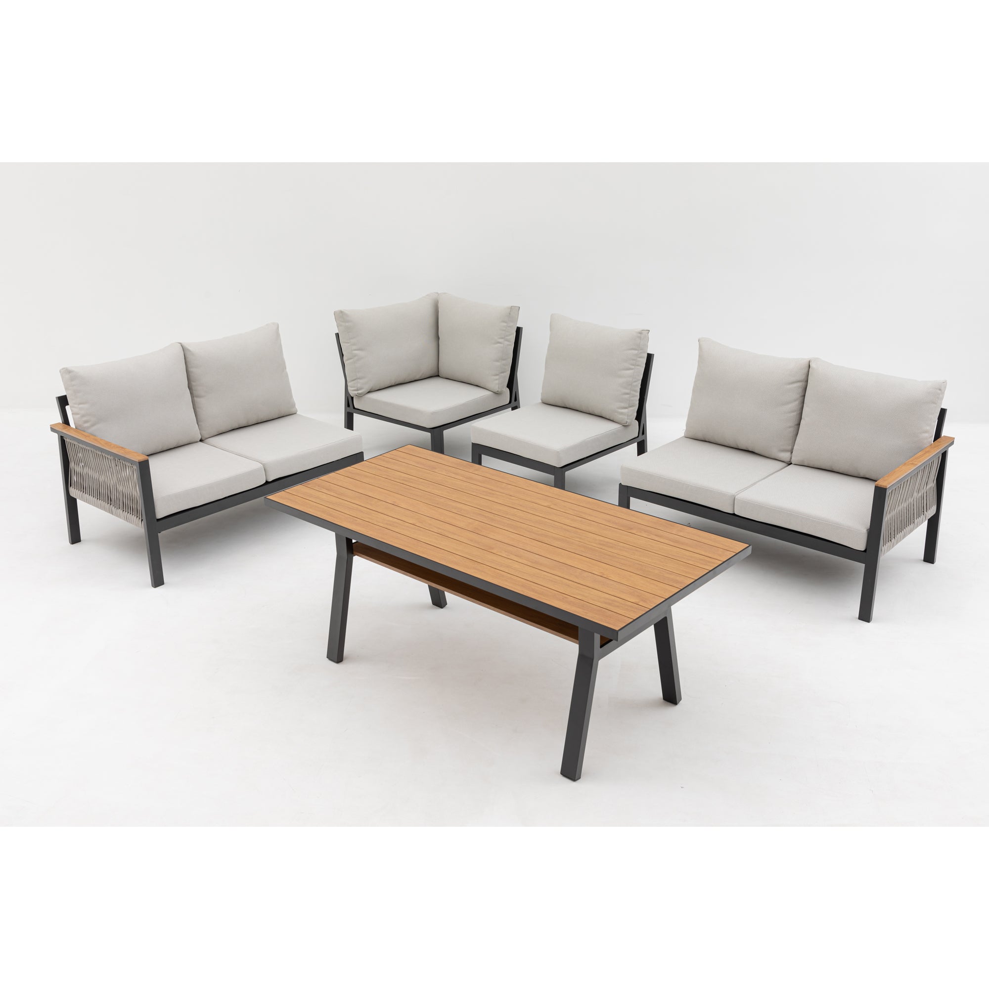 Luxus Pur: Dining Lounge Set Canora / Aluminium, Rope & Elemente in Holzoptik