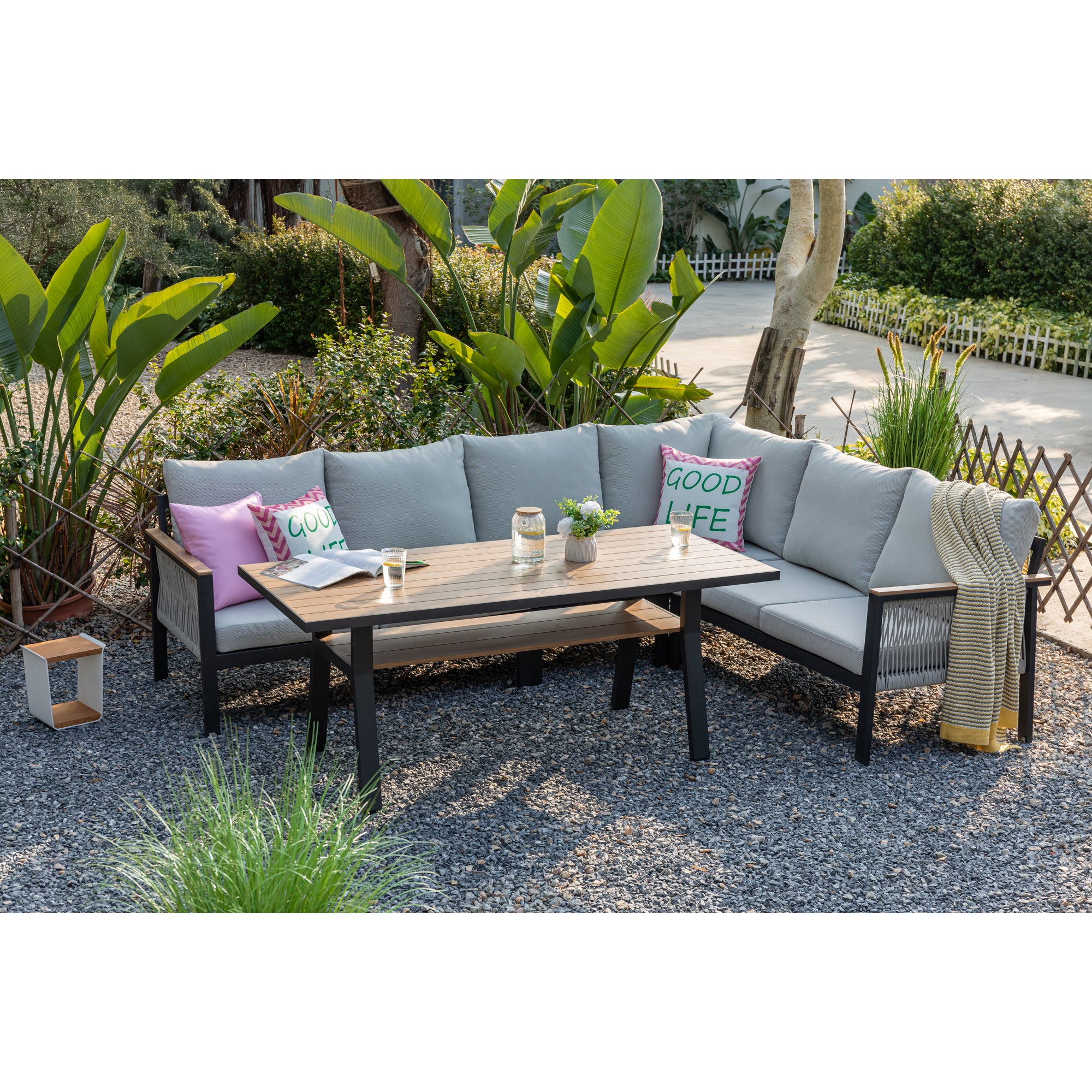 Luxus Pur: Dining Lounge Set Canora / Aluminium, Rope & Elemente in Holzoptik