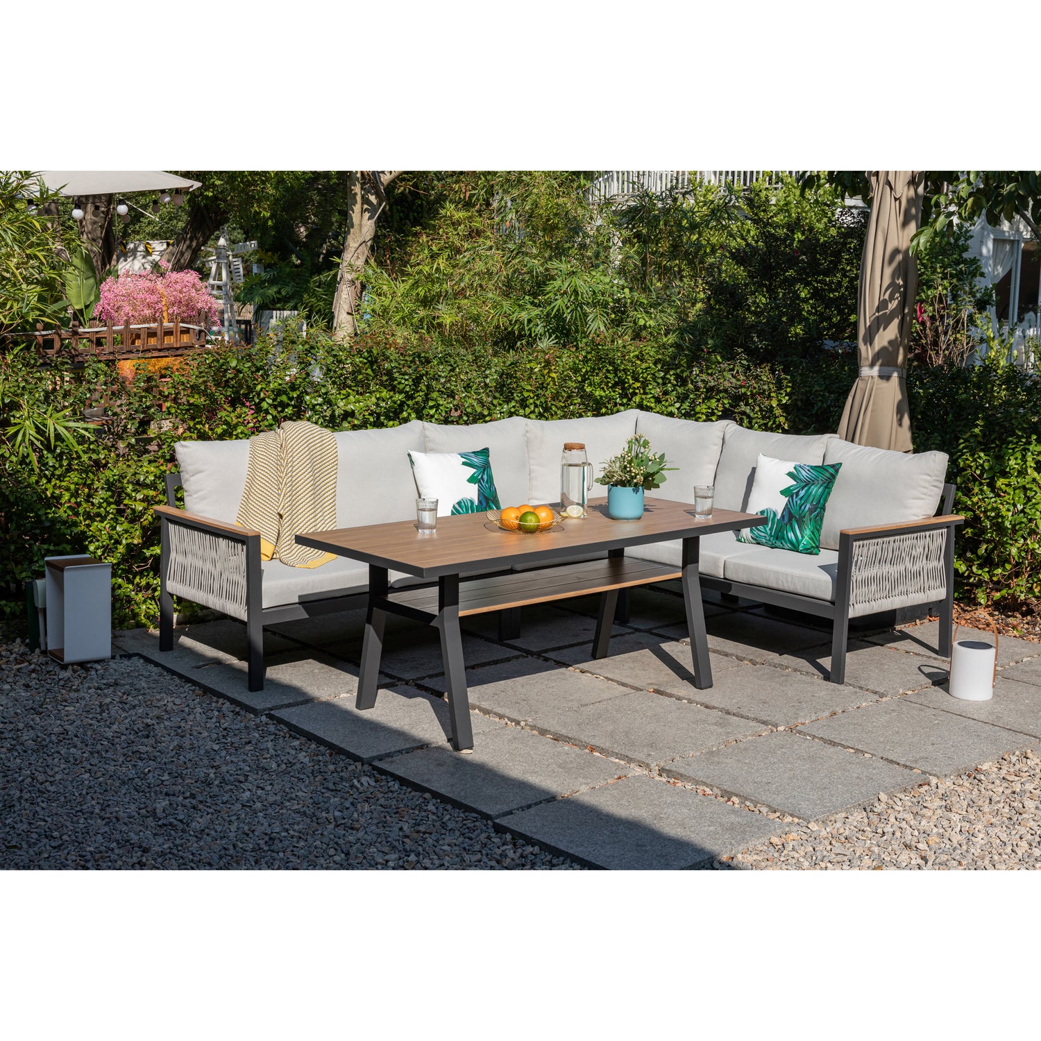 Luxus Pur: Dining Lounge Set Canora / Aluminium, Rope & Elemente in Holzoptik