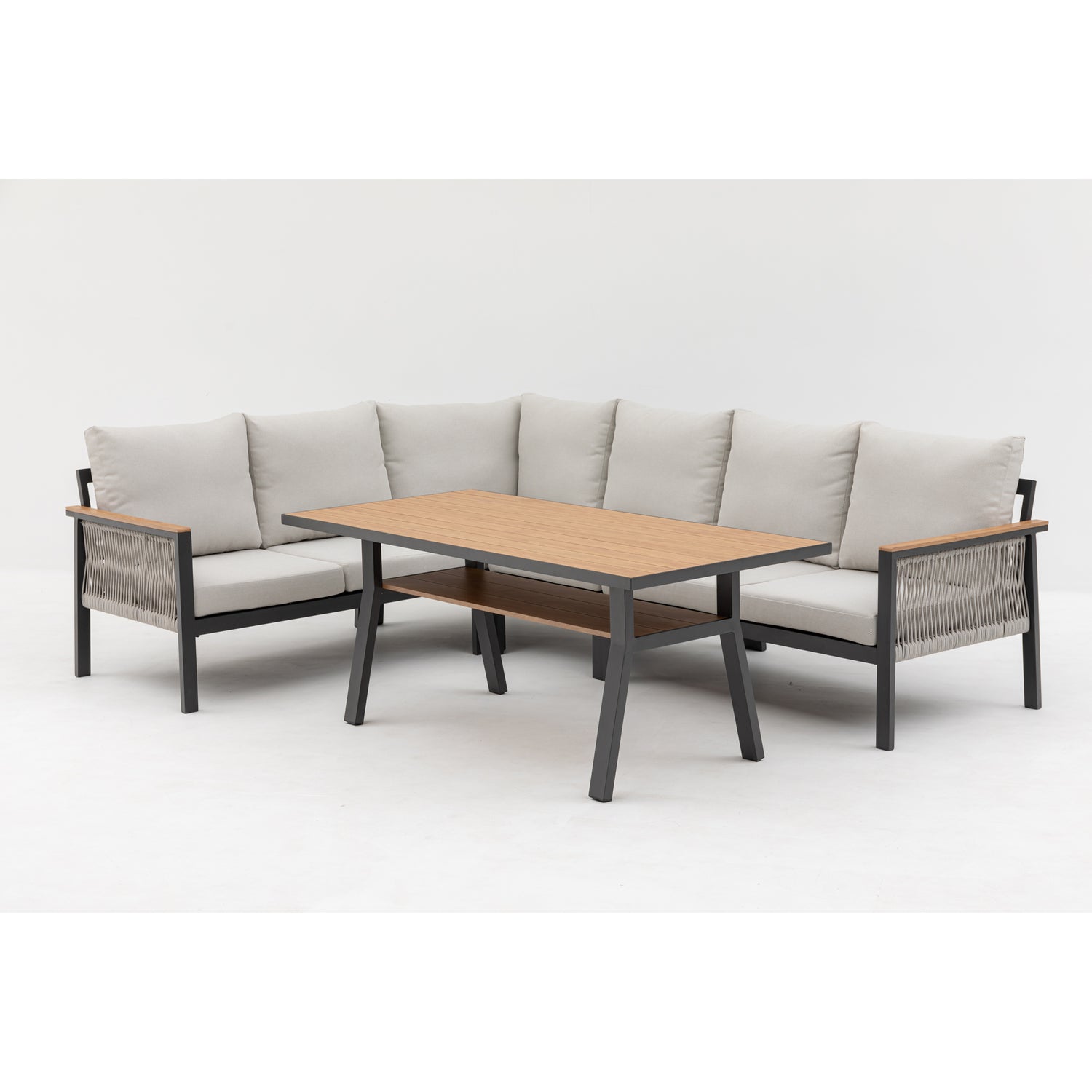 Luxus Pur: Dining Lounge Set Canora / Aluminium, Rope & Elemente in Holzoptik