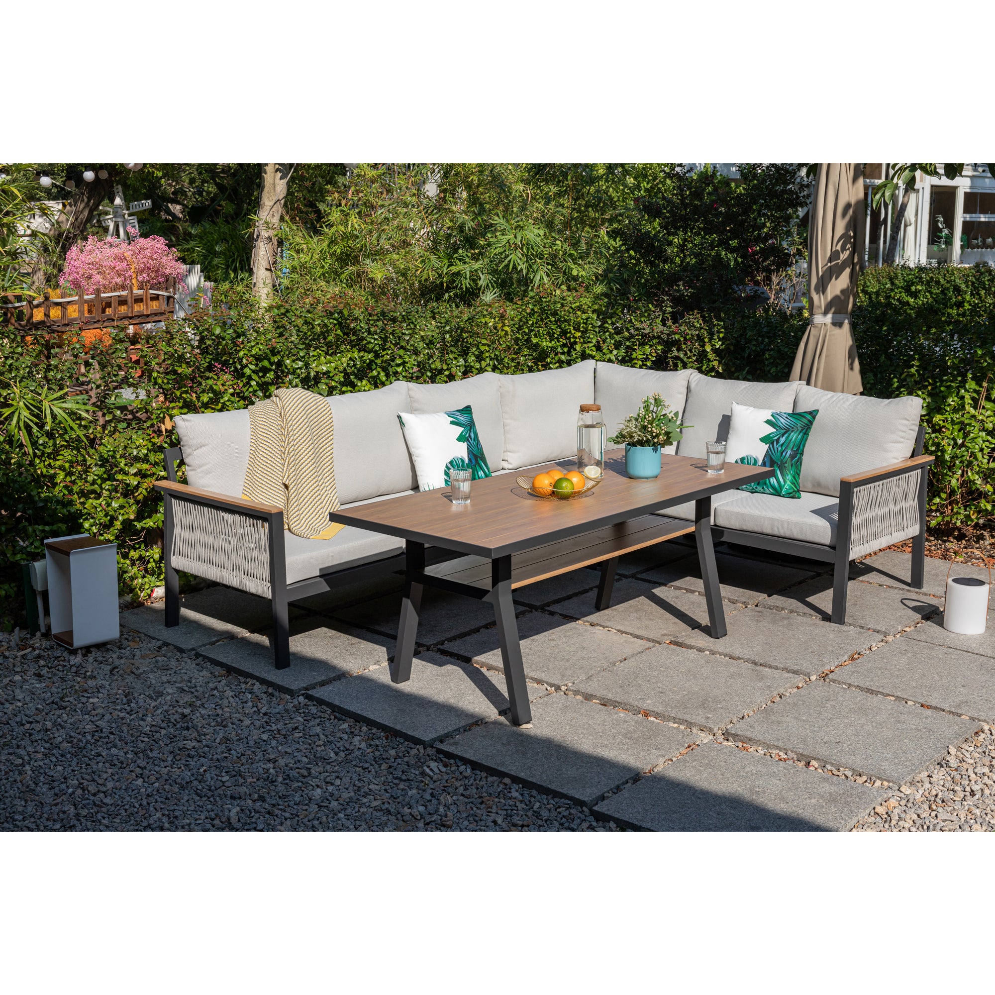 Luxus Pur: Dining Lounge Set Canora / Aluminium, Rope & Elemente in Holzoptik