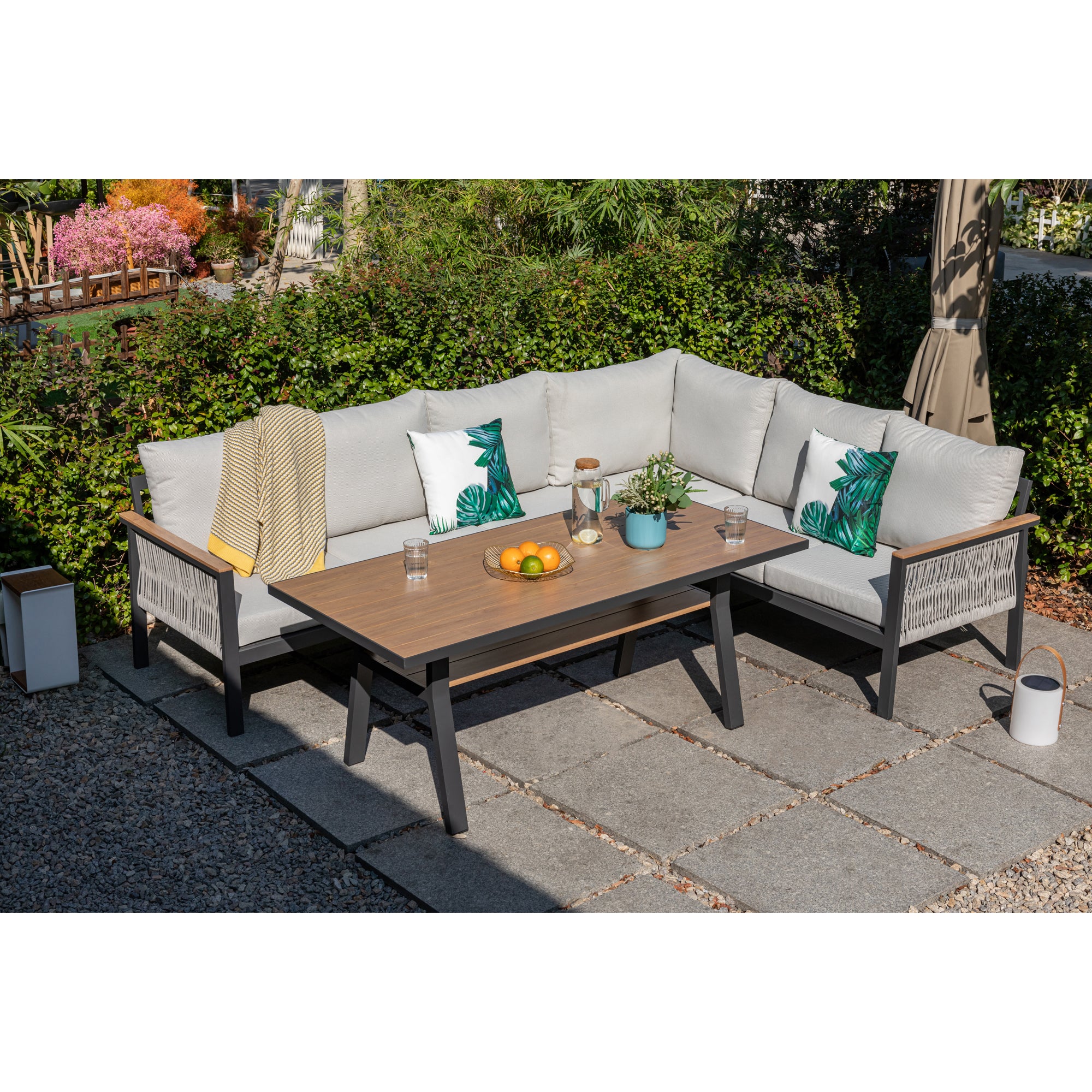 Luxus Pur: Dining Lounge Set Canora / Aluminium, Rope & Elemente in Holzoptik