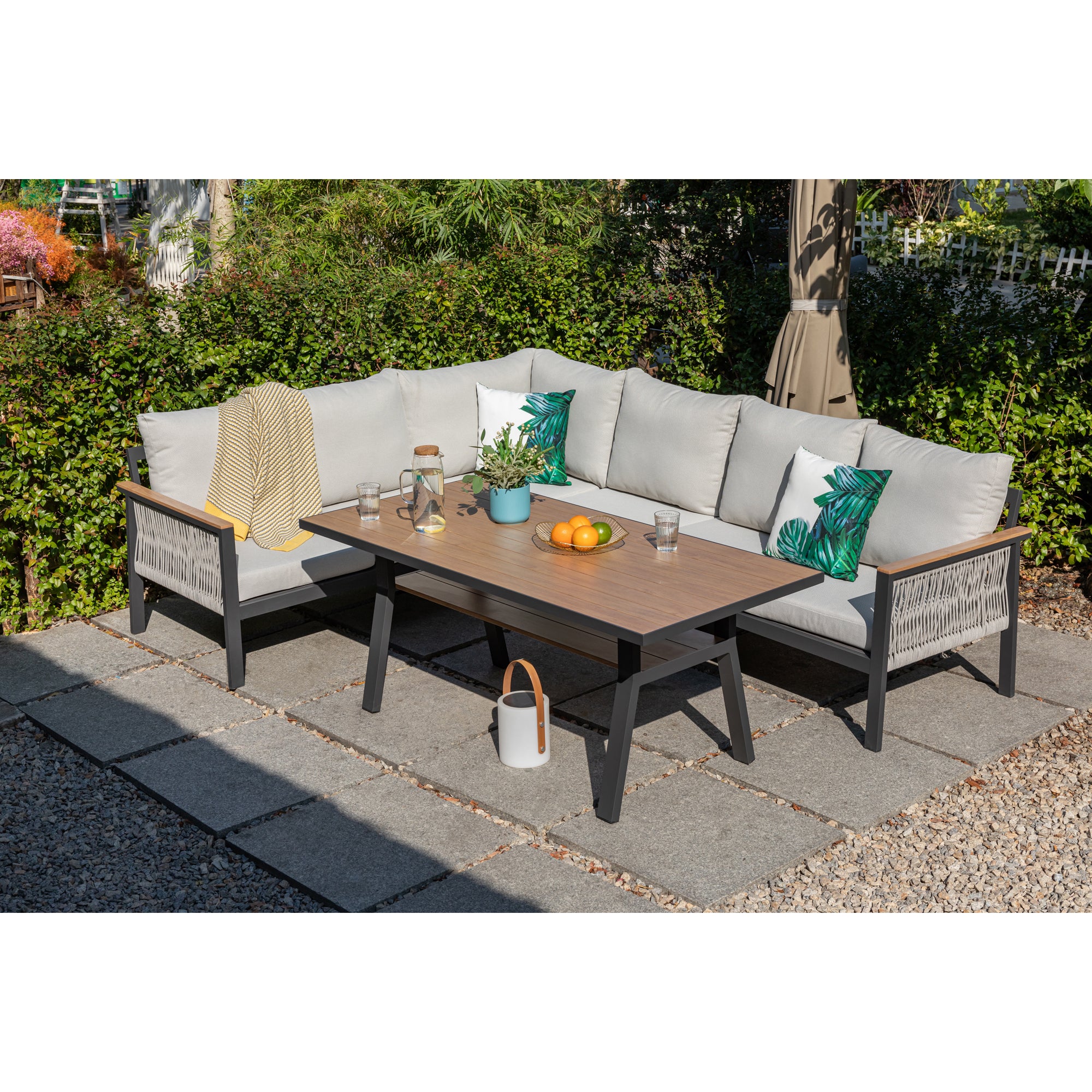 Luxus Pur: Dining Lounge Set Canora / Aluminium, Rope & Elemente in Holzoptik