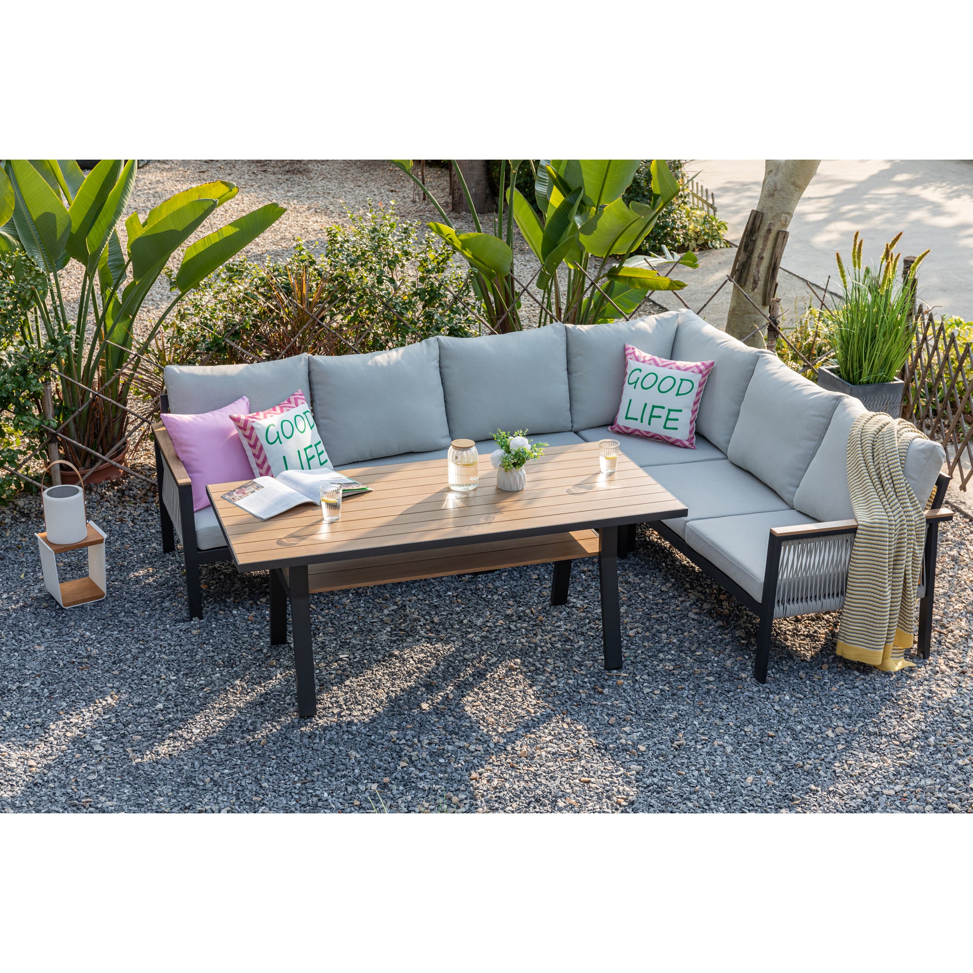 Luxus Pur: Dining Lounge Set Canora / Aluminium, Rope & Elemente in Holzoptik