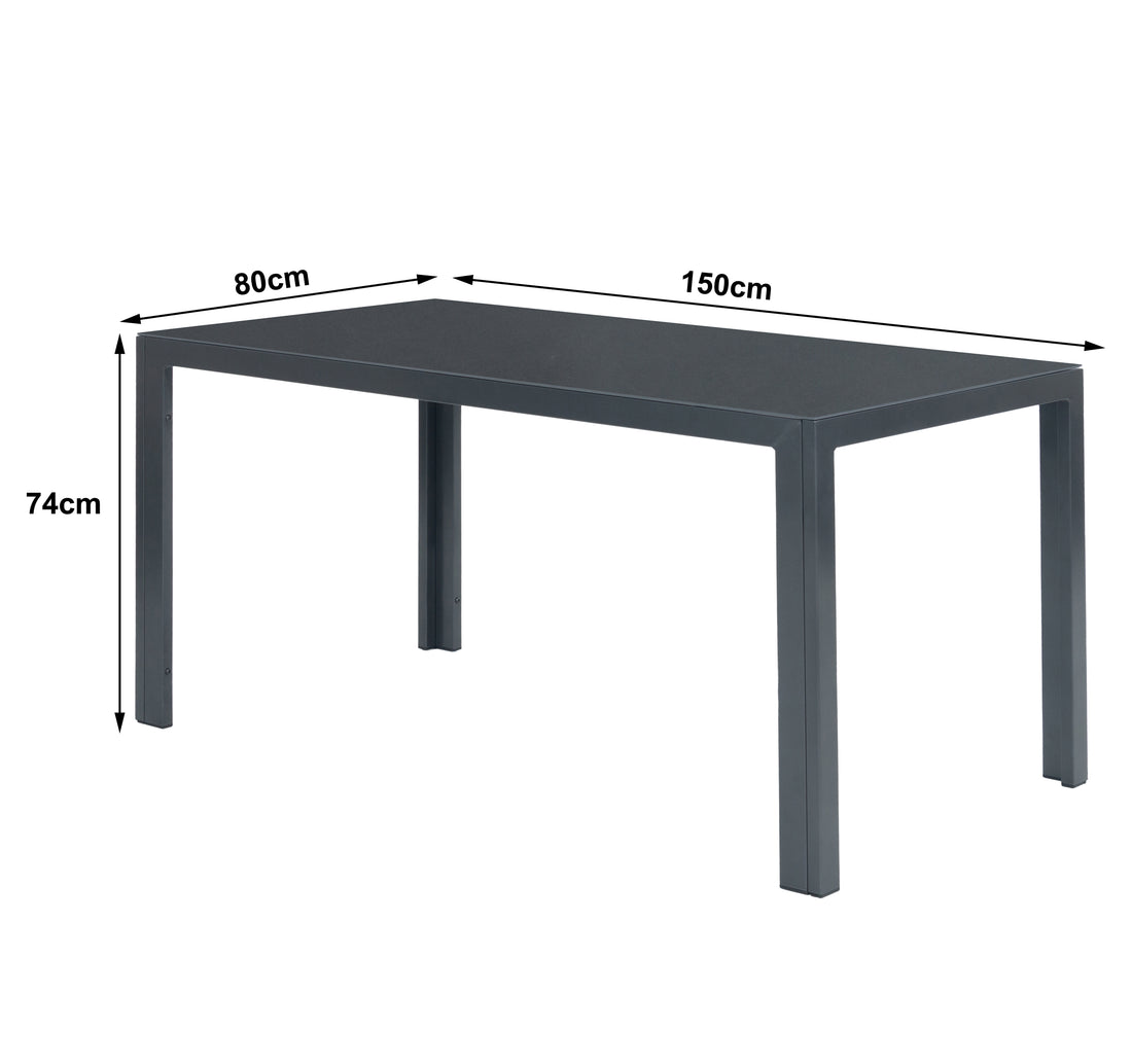 Aluminium Dining Tisch Luna Nebula 150 x 80 x 74cm in anthrazit / Dekorglas Tischplatte