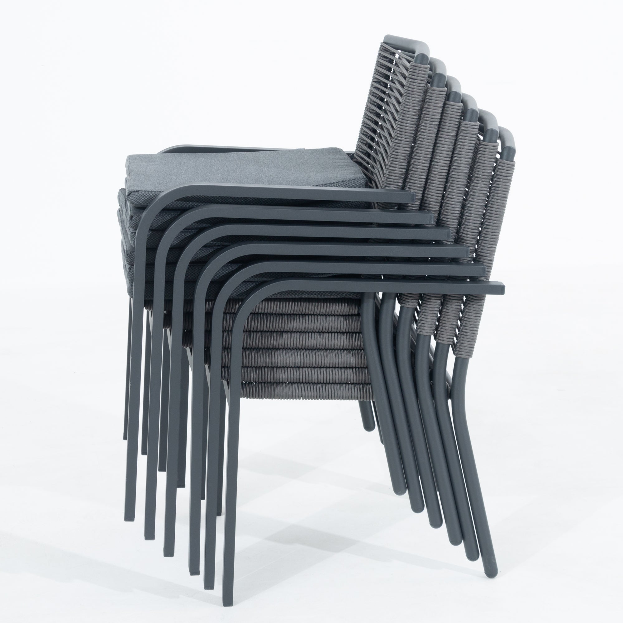 17 tlg. Alu / Rope Essgruppe Lexi grau + Trento XXL Tisch - bestehend aus: 8x Lexi Stapelsessel inkl. Sitzkissen + XXL Aluminium Tisch Trento ca. 152x152 cm
