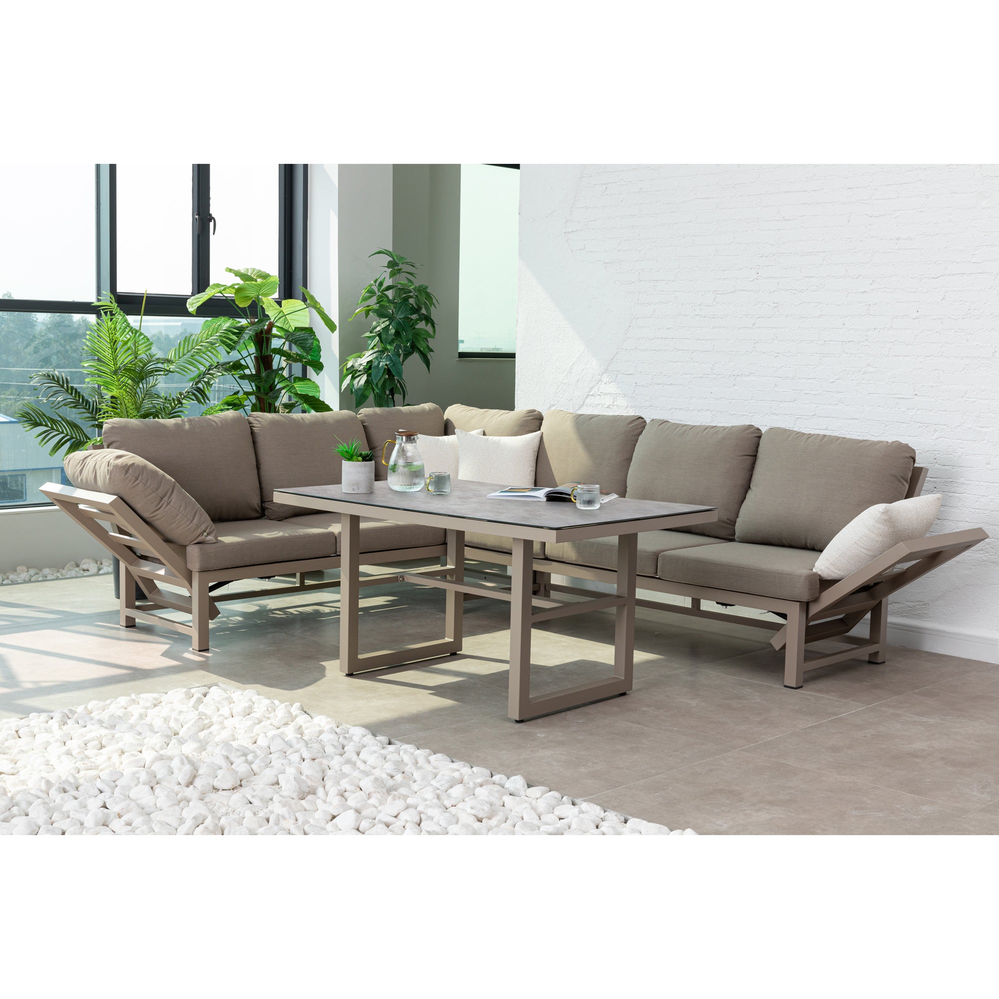 Outdoor Dining Lounge Set Dune 100% wetterfest LIKA-TEX® Bezug in Sand / de luxe Liegefunktion