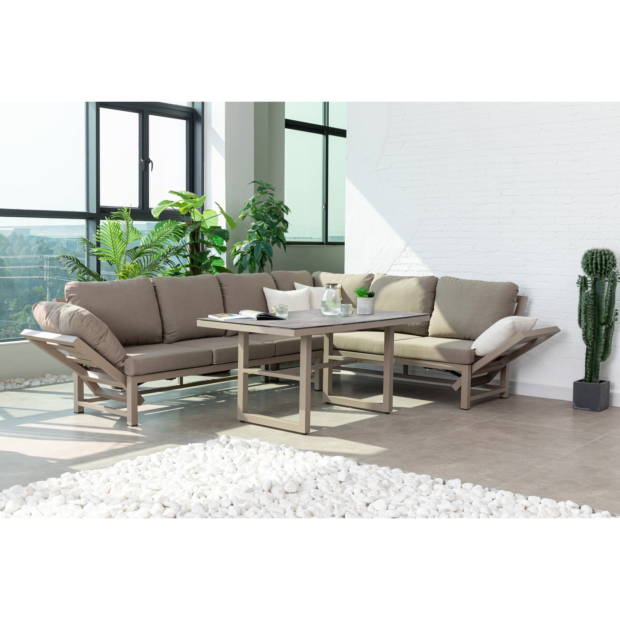 Outdoor Dining Lounge Set Dune 100% wetterfest LIKA-TEX® Bezug in Sand / de luxe Liegefunktion