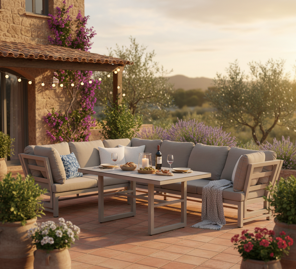 lounge mit aufbewahrung Outdoor Dining Lounge Set Dune 100% wetterfest LIKA-TEX® Bezug in Sand – Mandalika Outdoor & Living Products GmbH