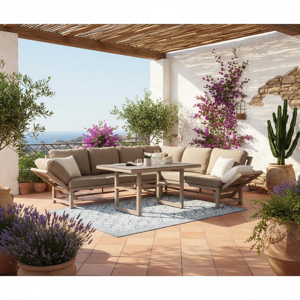 Outdoor Dining Lounge Set Dune 100% wetterfest LIKA-TEX® Bezug in Sand / de luxe Liegefunktion