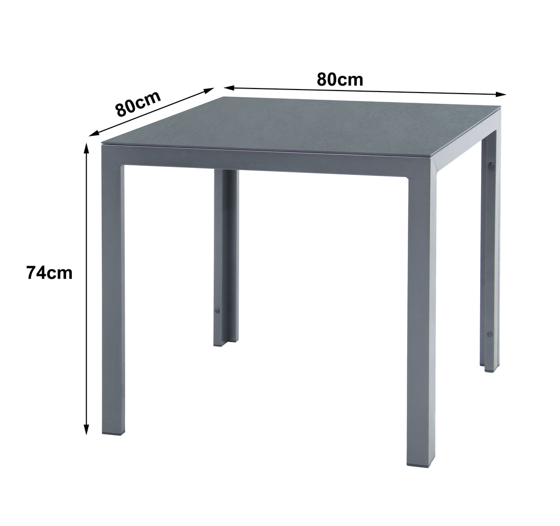 Aluminium Dining Tisch Luna Stellar 80 x 80 x 74cm in grau / Dekorglas Tischplatte