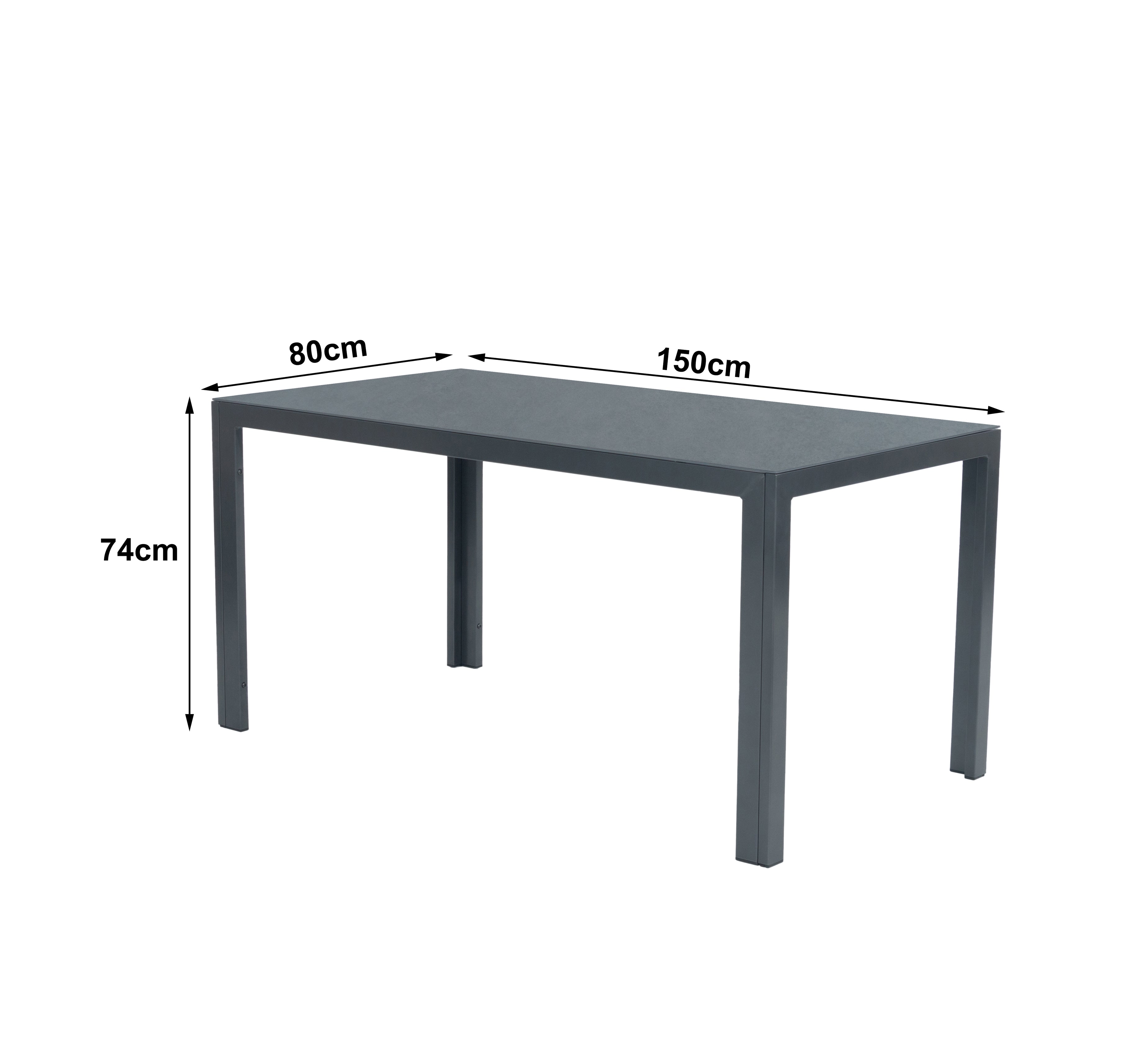 Aluminium Dining Tisch Luna Stellar 150 x 80 x 74cm grau / Dekorglas Tischplatte