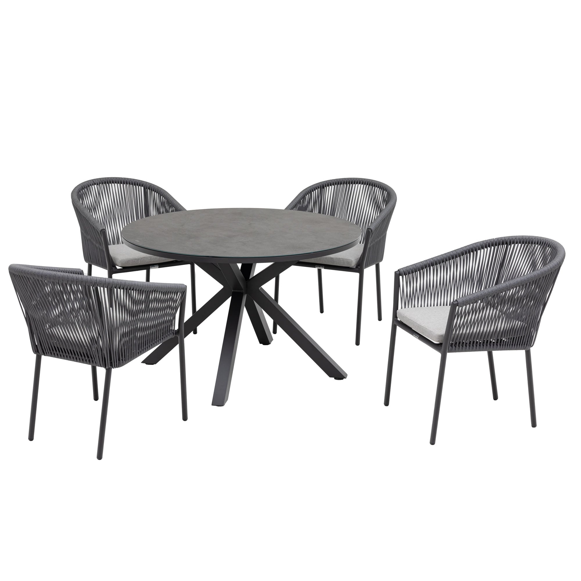 5 tlg Dining Set / Essgruppe Manhattan bestehend: 4 x Stapelsessel Rope / Aluminium und 1 x Tisch rund Ø120cm