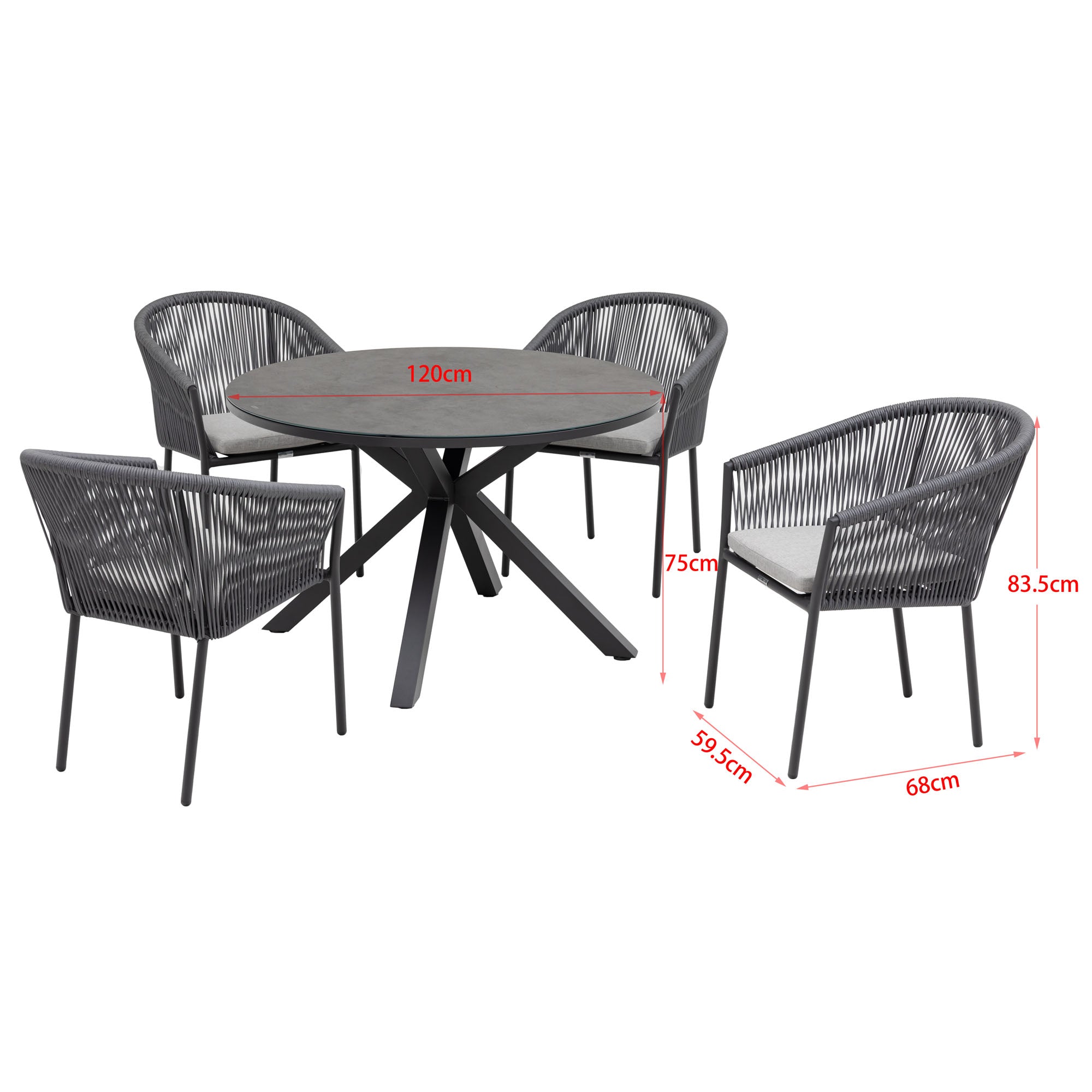 5 tlg Dining Set / Essgruppe Manhattan bestehend: 4 x Stapelsessel Rope / Aluminium und 1 x Tisch rund Ø120cm