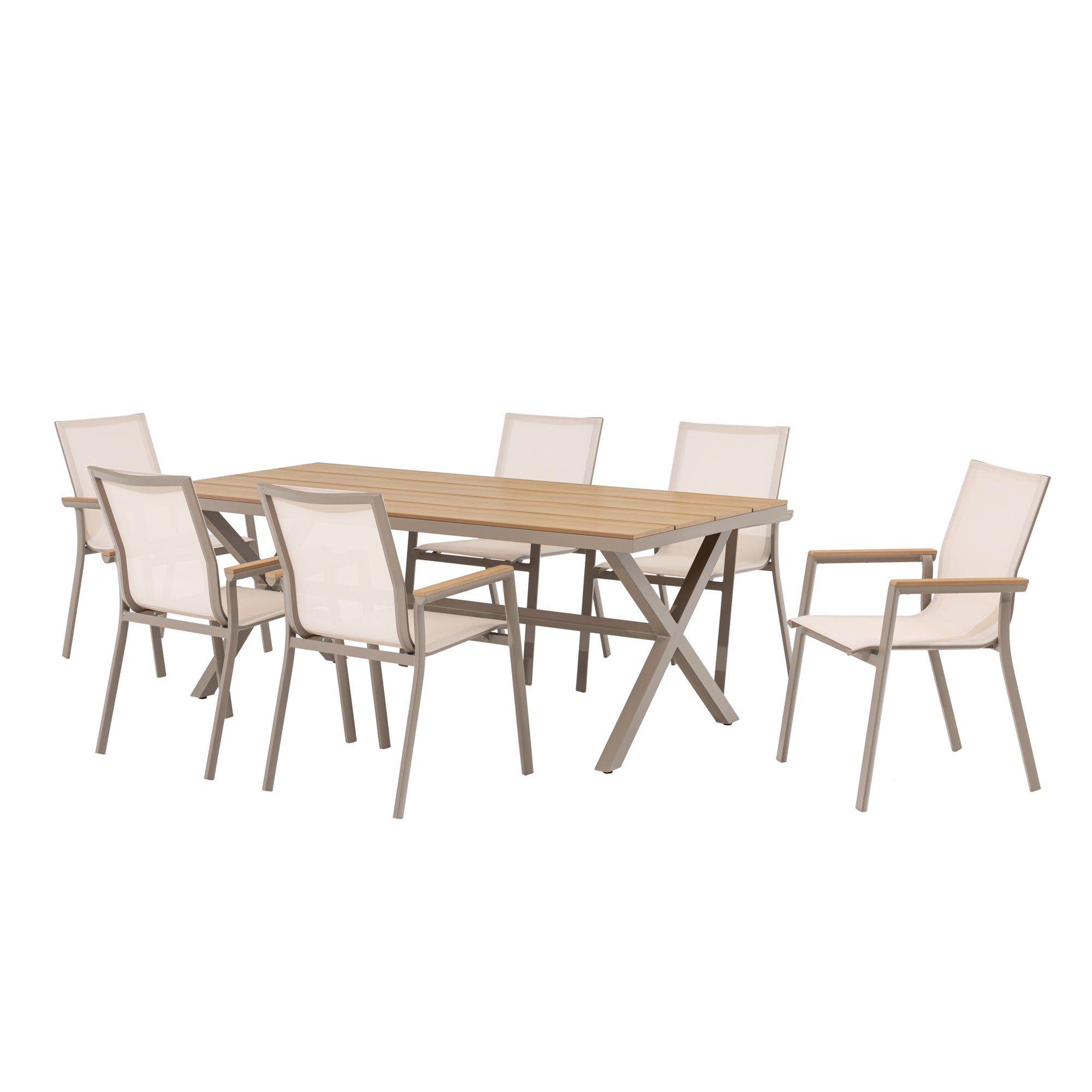7 tlg. Essgruppe Meran natur / Aluminium kombiniert mit Nonwood Teak Look Elementen