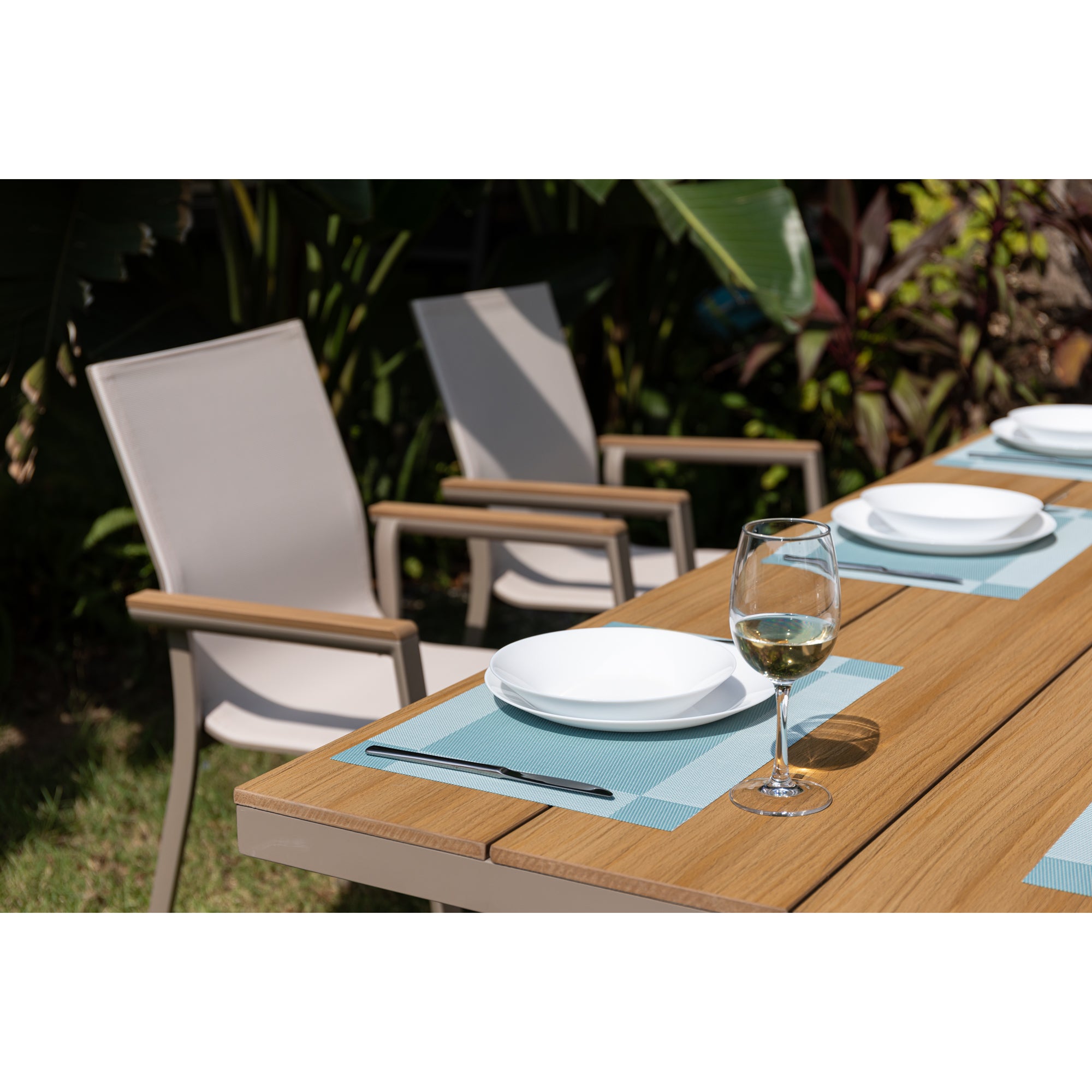 7 tlg. Essgruppe Meran natur / Aluminium kombiniert mit Nonwood Teak Look Elementen