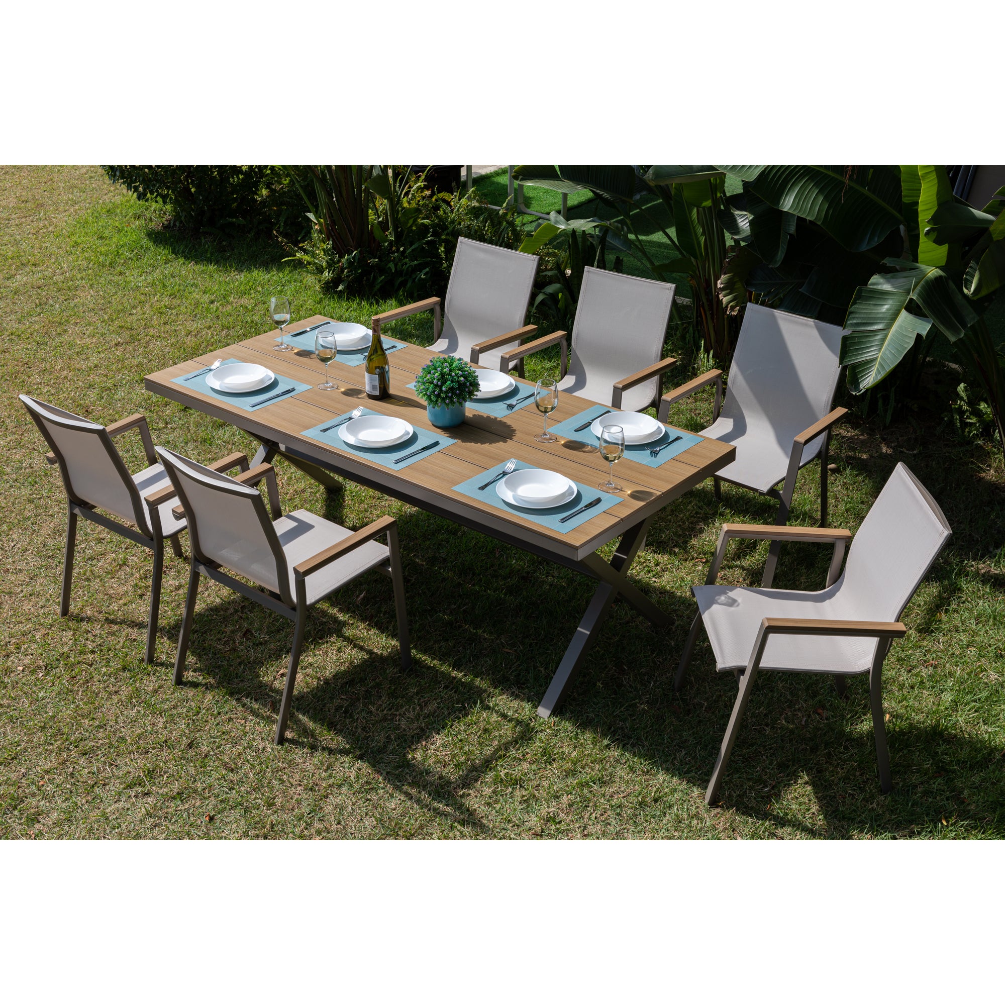 7 tlg. Essgruppe Meran natur / Aluminium kombiniert mit Nonwood Teak Look Elementen