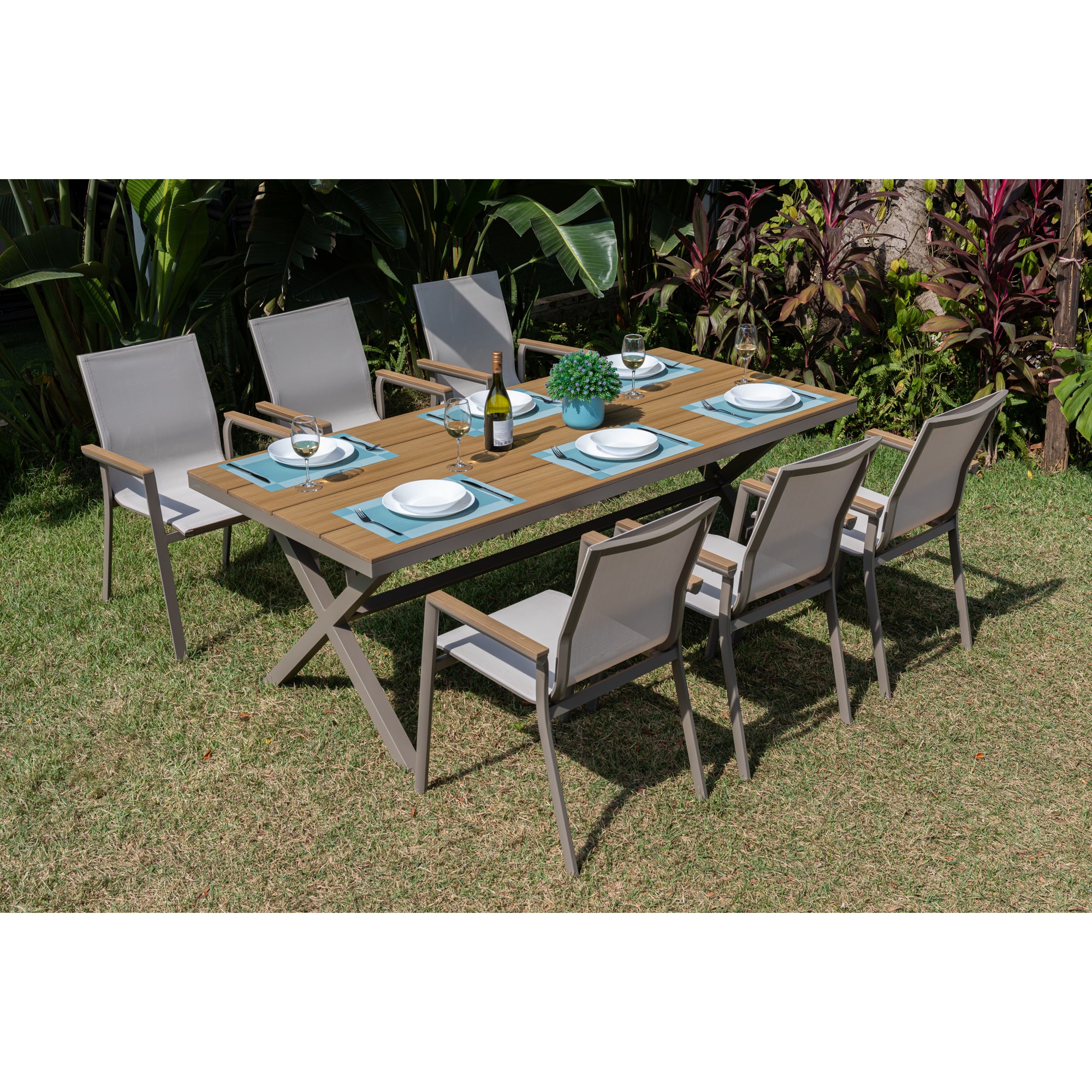 7 tlg. Essgruppe Meran natur / Aluminium kombiniert mit Nonwood Teak Look Elementen