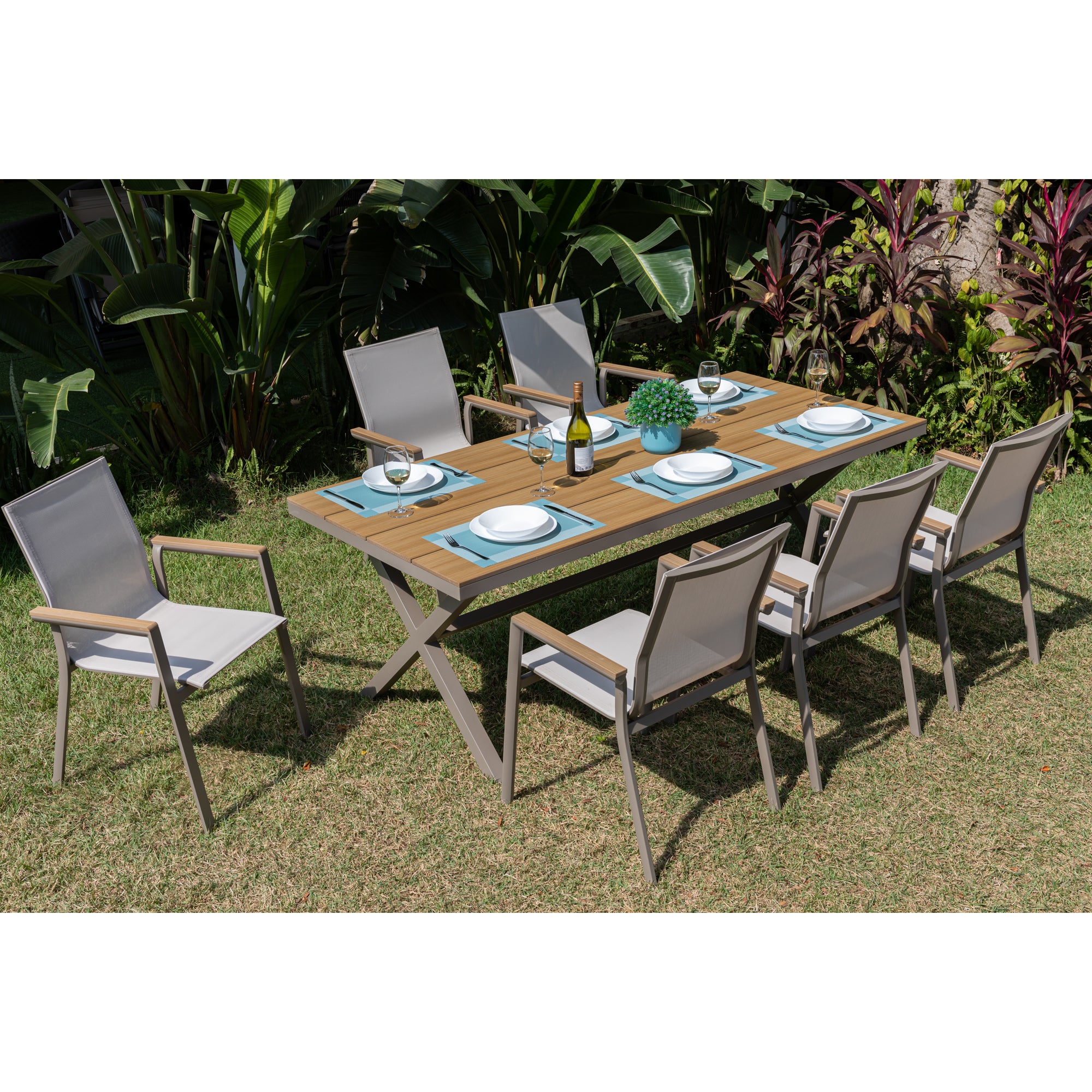 7 tlg. Essgruppe Meran natur / Aluminium kombiniert mit Nonwood Teak Look Elementen