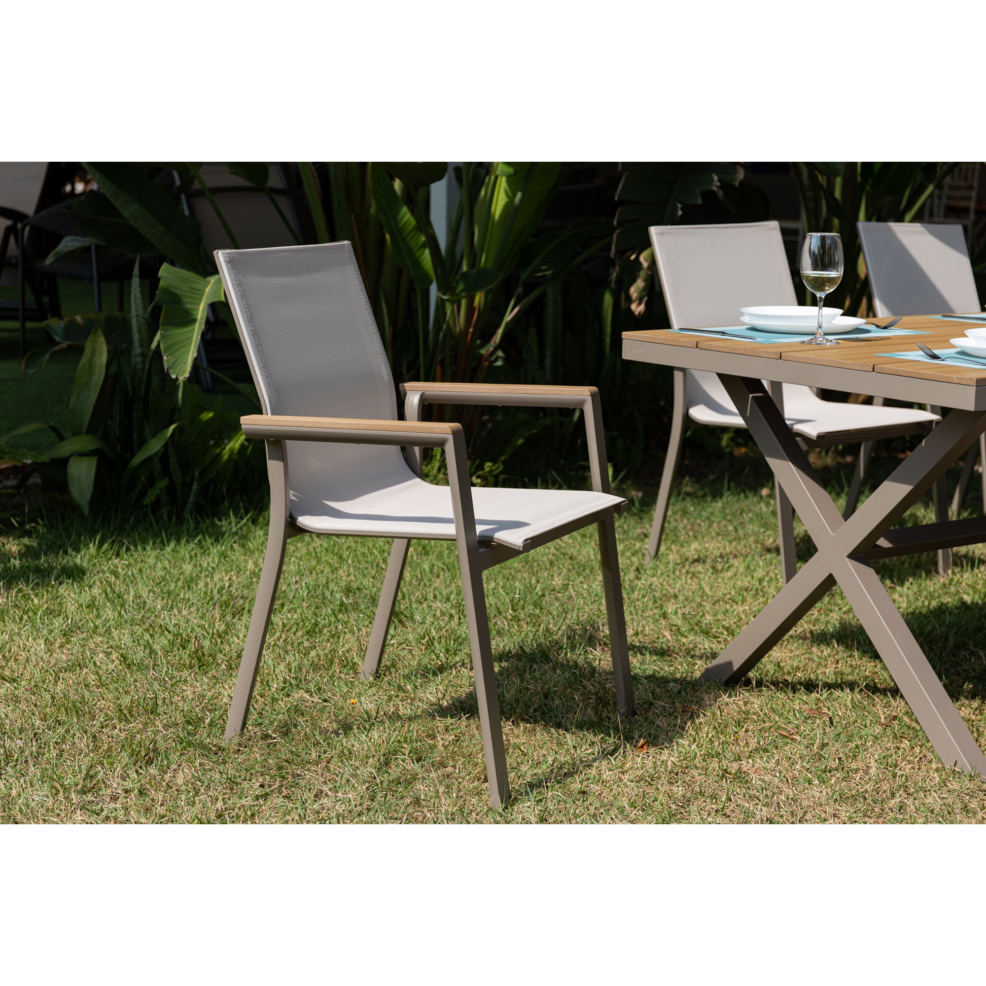 7 tlg. Essgruppe Meran natur / Aluminium kombiniert mit Nonwood Teak Look Elementen