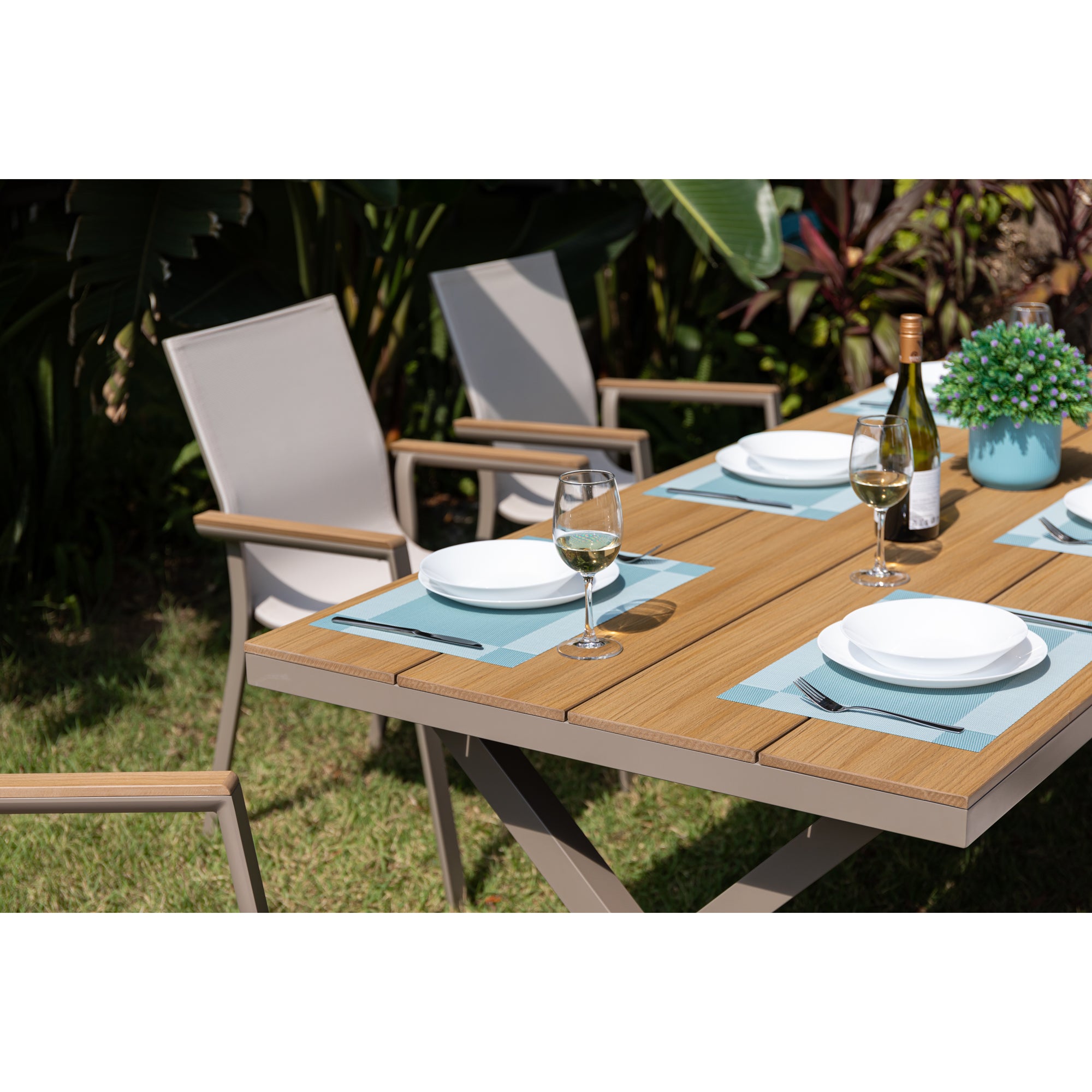 7 tlg. Essgruppe Meran natur / Aluminium kombiniert mit Nonwood Teak Look Elementen