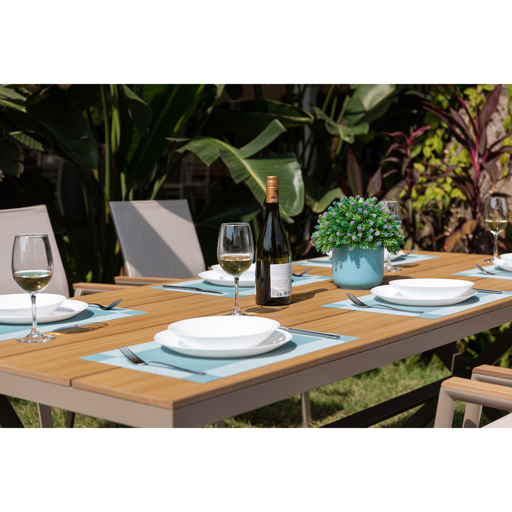 7 tlg. Essgruppe Meran natur / Aluminium kombiniert mit Nonwood Teak Look Elementen