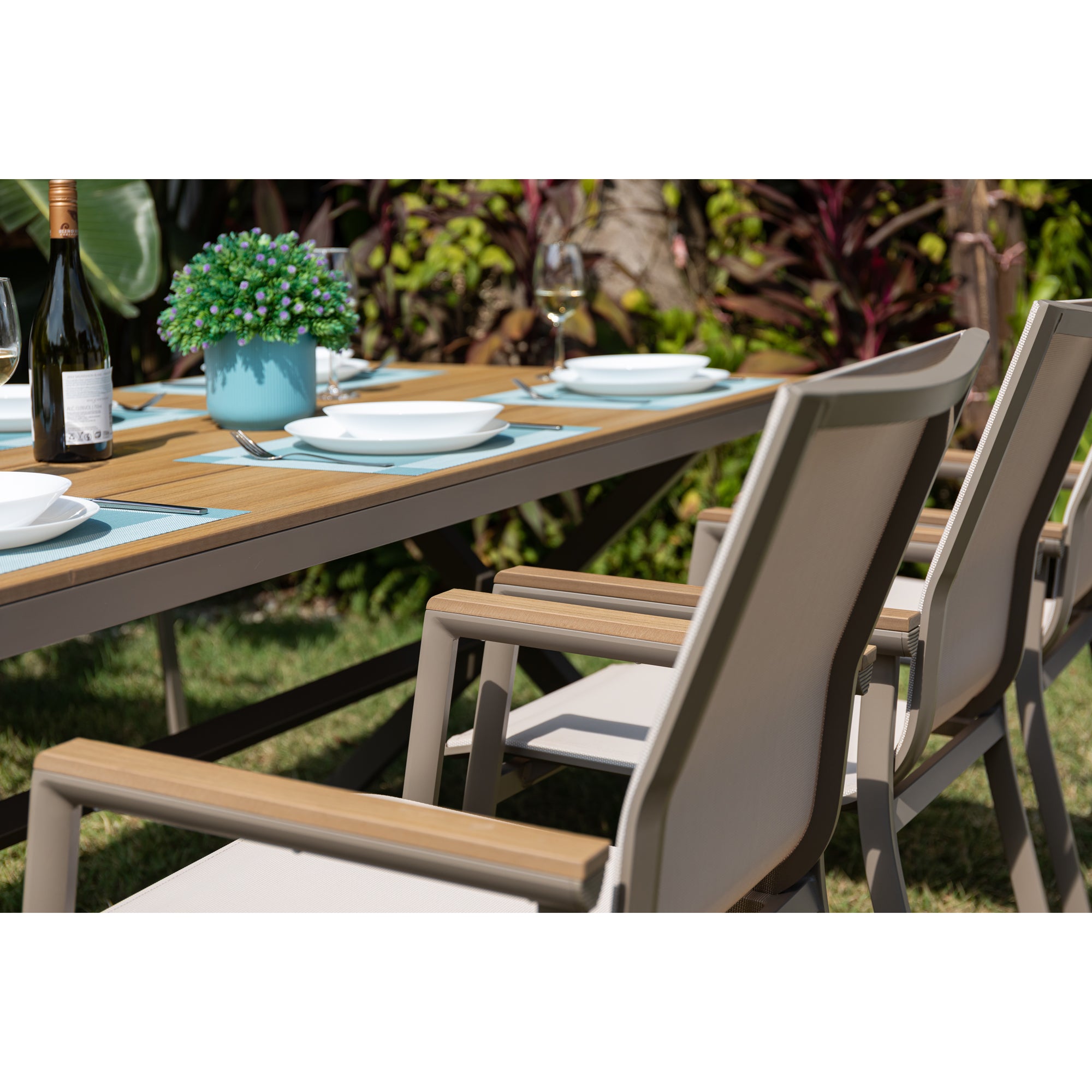 7 tlg. Essgruppe Meran natur / Aluminium kombiniert mit Nonwood Teak Look Elementen