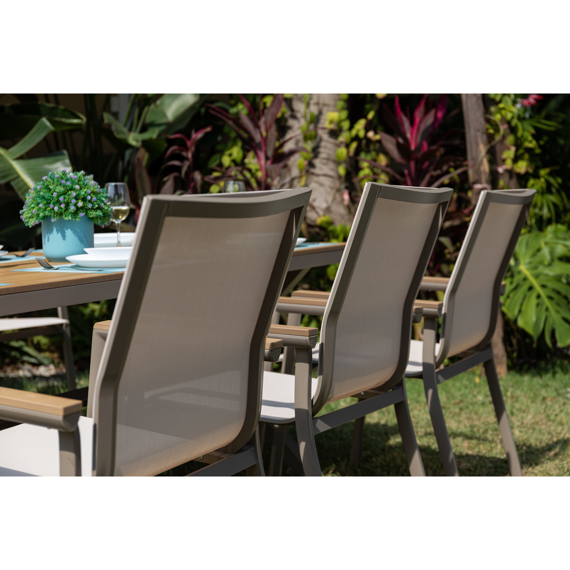 7 tlg. Essgruppe Meran natur / Aluminium kombiniert mit Nonwood Teak Look Elementen