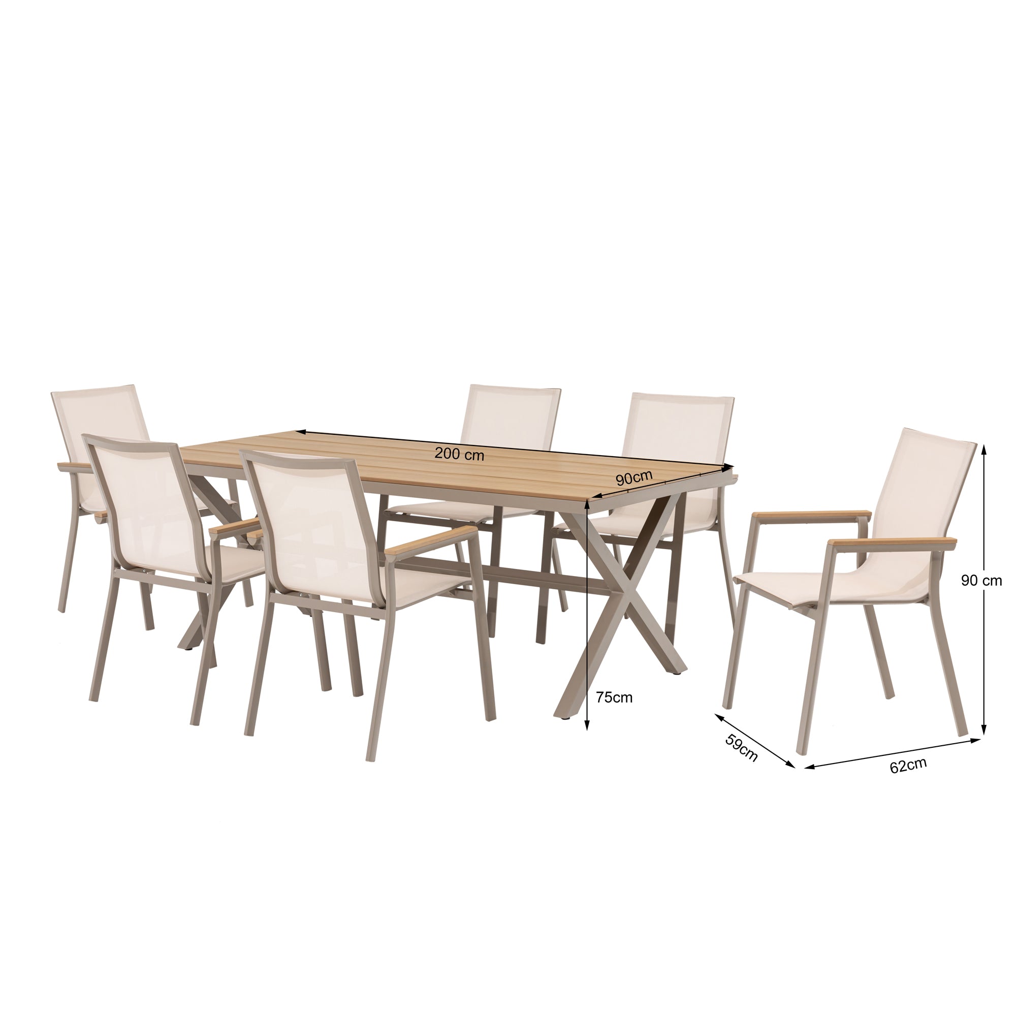 7 tlg. Essgruppe Meran natur / Aluminium kombiniert mit Nonwood Teak Look Elementen